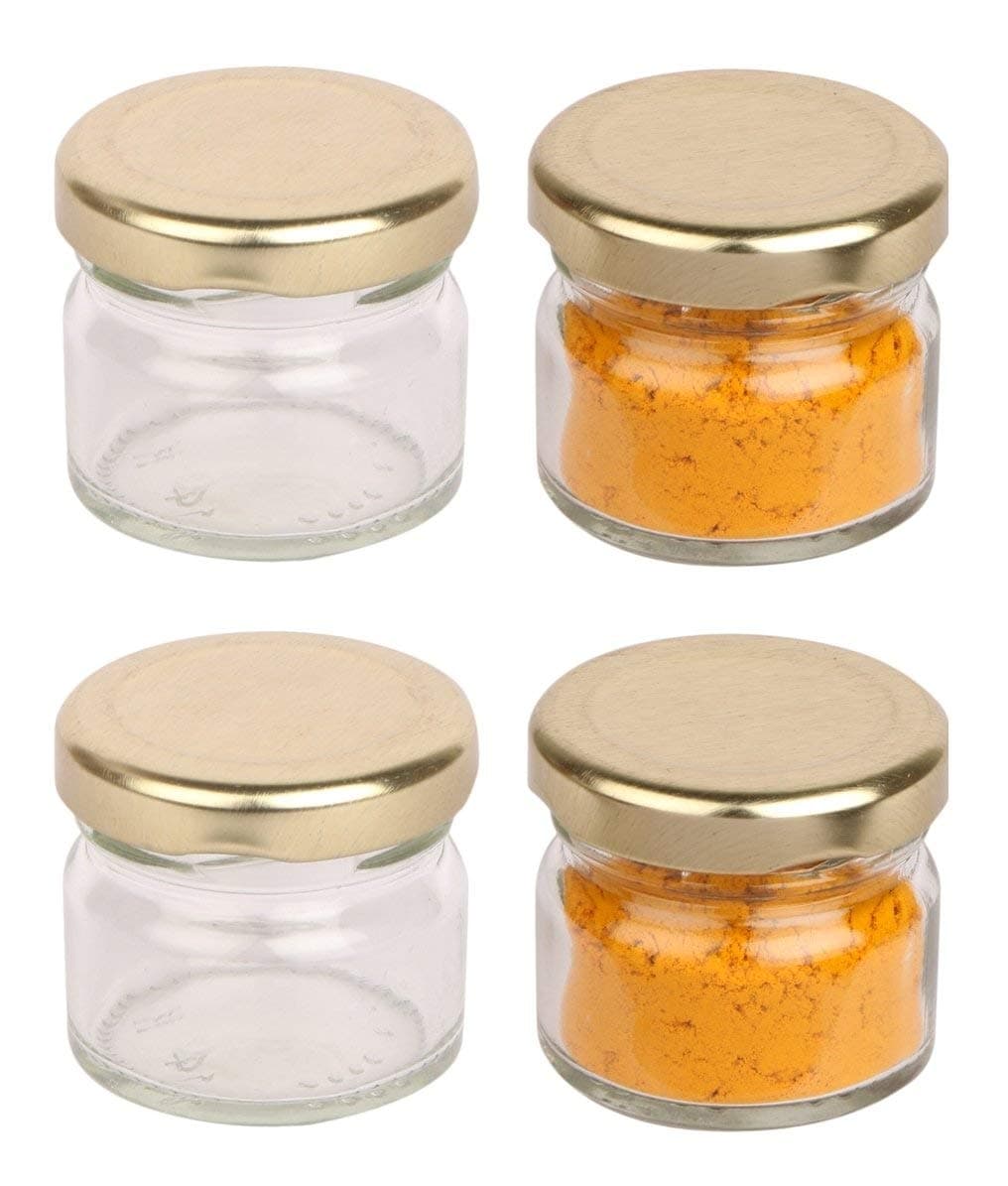 Dinemart Pack of 4PCS 31ML Empty Mini Glass Jar with RustProof Gold Metal Lid for Kitchen Storage/Spices/Jam/Pickles,Empty Cosmetic Glass Pot Jar for Creams, Body Butters, Salves, Home&Beauty, Clear