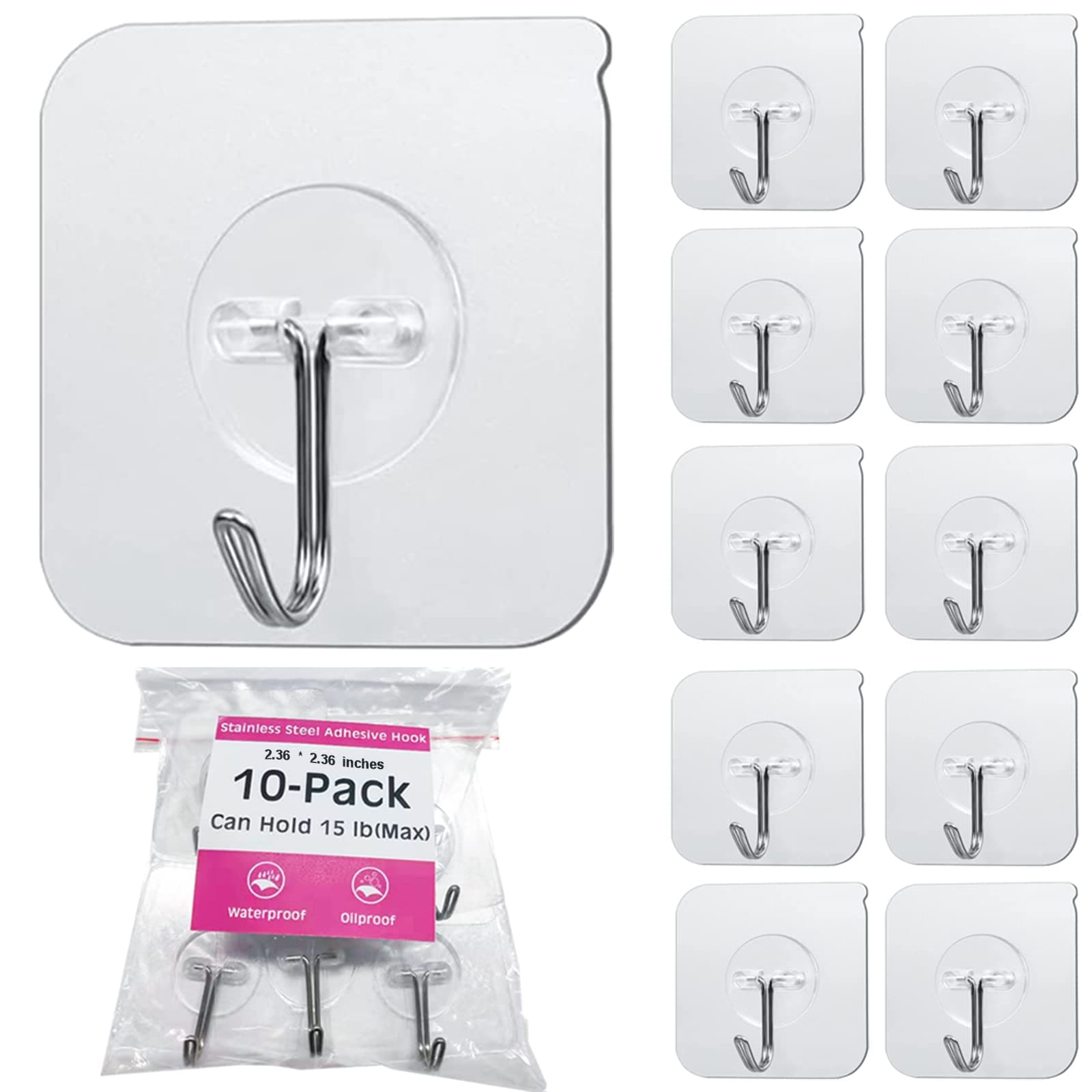 Adhesive Hooks 10 Pack, Premium Transparent Stainless Steele Towel and Kitchenware Hooks 15lb(Max), Waterproof and Oilproof, Bathroom Outdoor Kitchen Wall Utility Frosted Sticky Hooks