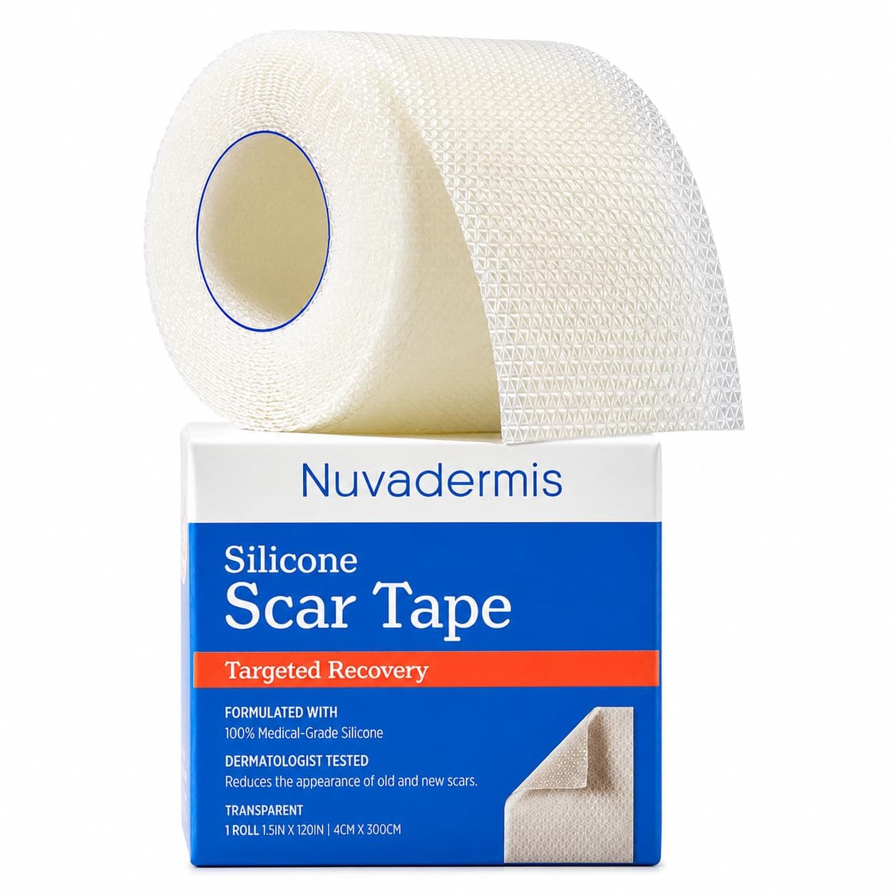 NUVADERMIS Clear Silicone Scar Tape for Surgical Scars - 120" x 1.5" Roll - Extra Long Scar Sheets for C-Section, Tummy Tuck, Keloid, and Surgical Scars - Reusable Medical Grade Silicone Scar Tape