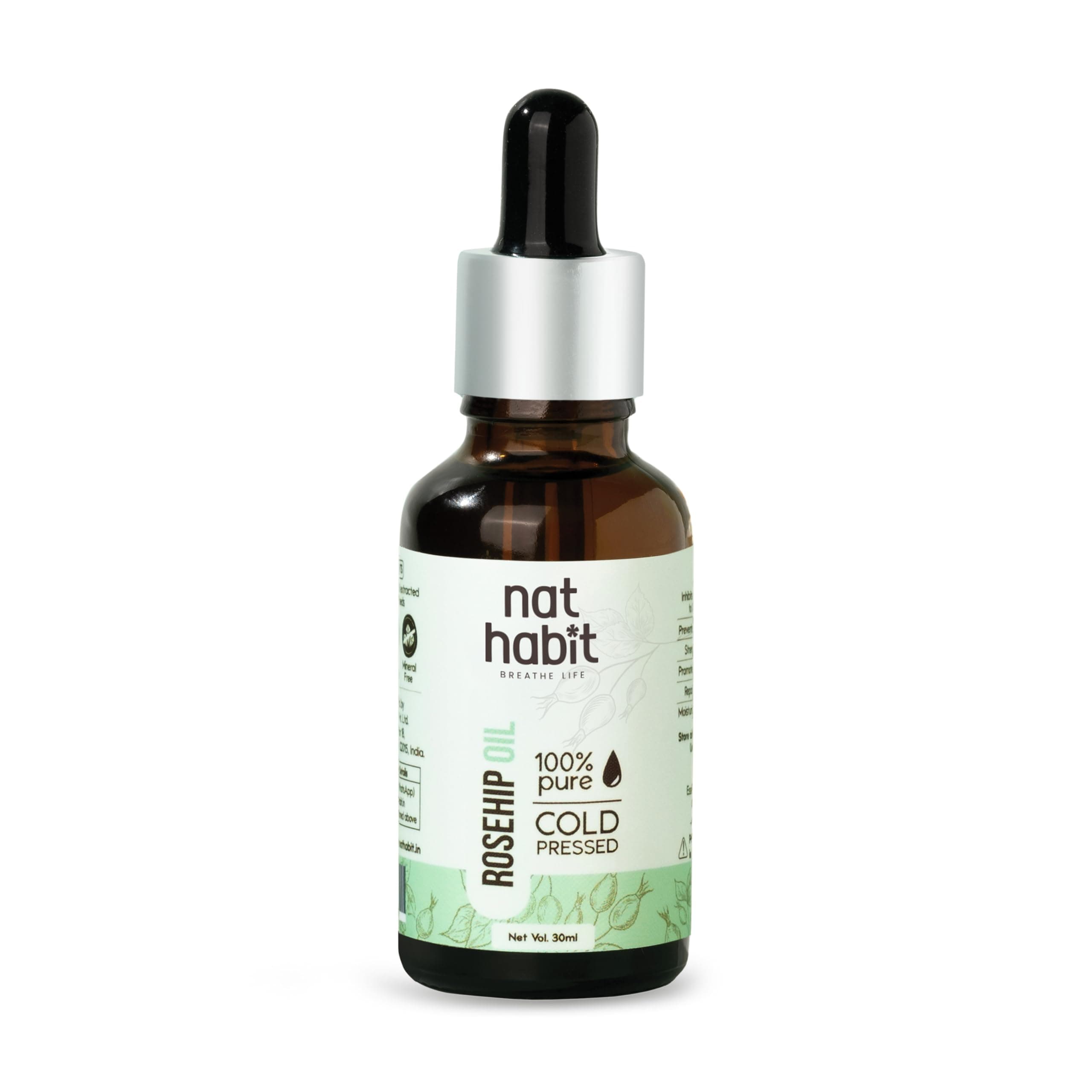Nat Habit Pure Rosehip Oil, Pure Cold Pressed Rosehip Oil For Deep Hydration, Smooth & Glowing Skin, 30ml