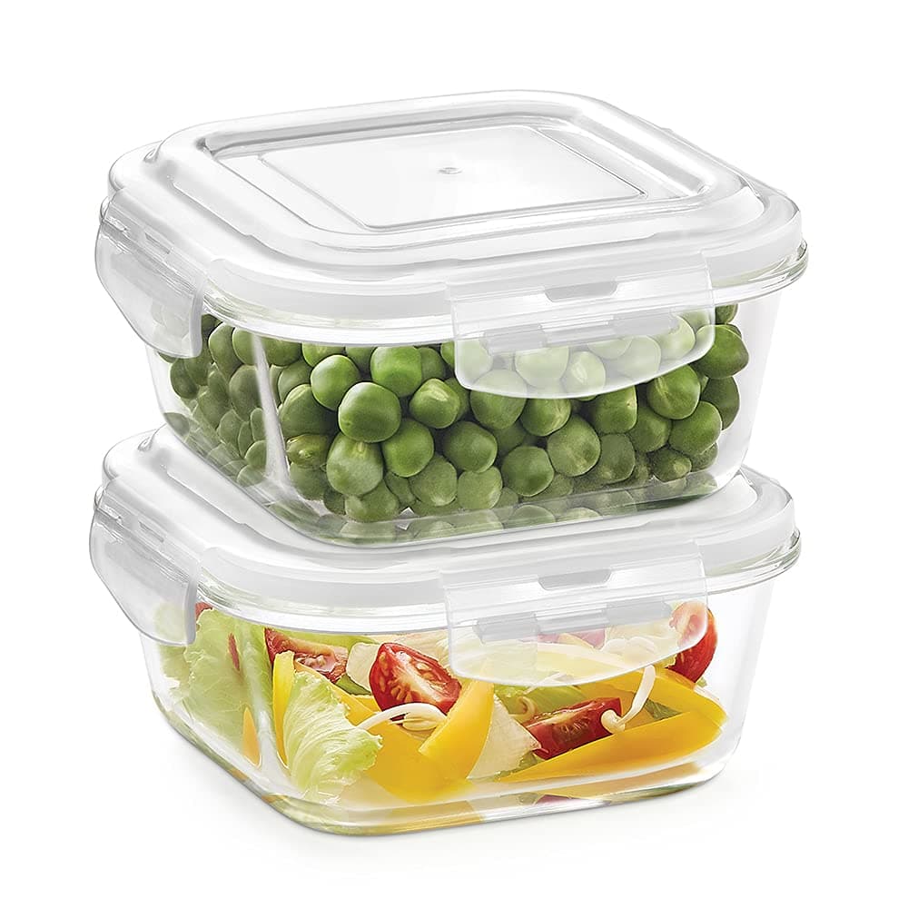 Borosil Klip N Store Square Glass Food Storage Container Set with Air Tight Lid | Borosilicate Glass Container for Lunchbox | Microwave & Dishwasher Safe | Transparent (2, Transparent)