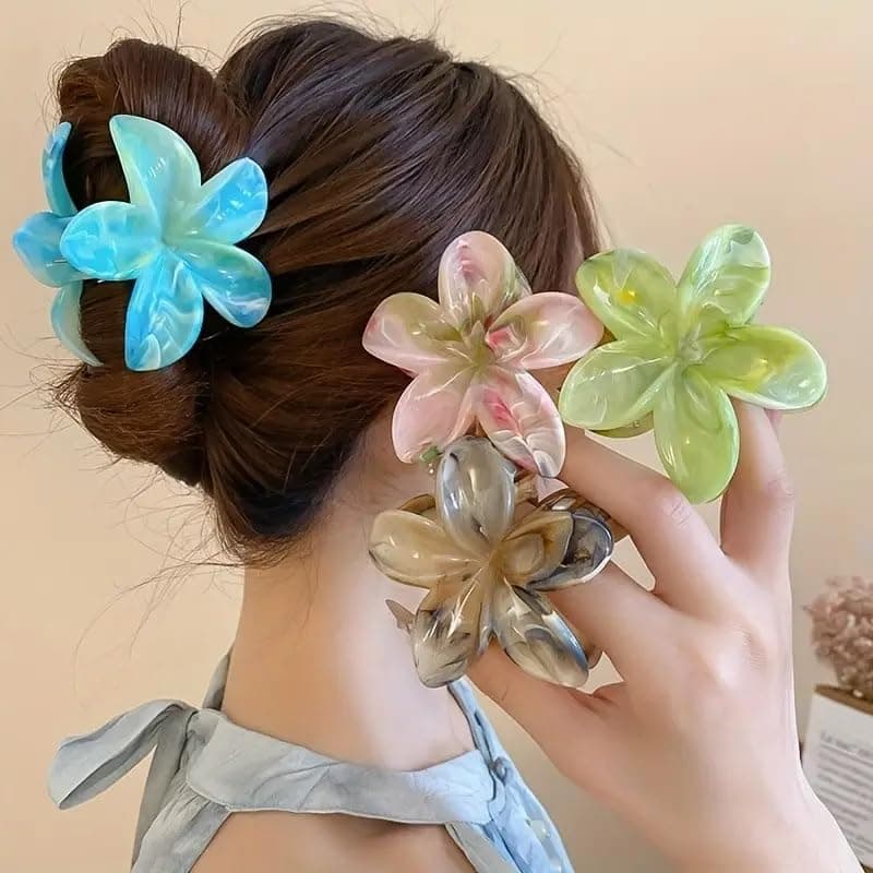 APSAMBR Flower Claw Clip for Women - 3 Pc Hawaiian Plumeria Flower Hair Clip Set, Strong Hold Floral Clutcher, Large Matte Claw Clips for Thick & Thin Hair for Girls