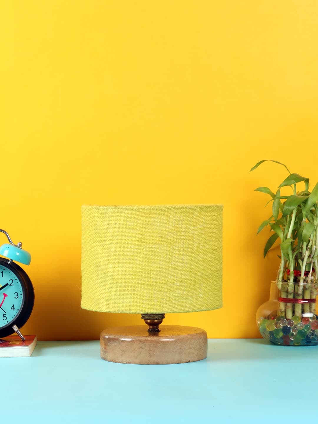 AMDHOME Jute Shade Table Lamp, Night Lamp with Wood Base (7 Inch, Color-Yellow) for Living Room, Bedroom, Home Decor Item, Bedside & Desk Side Light Lamp, Dovel Pot | Perfect for Decoration & Gifting