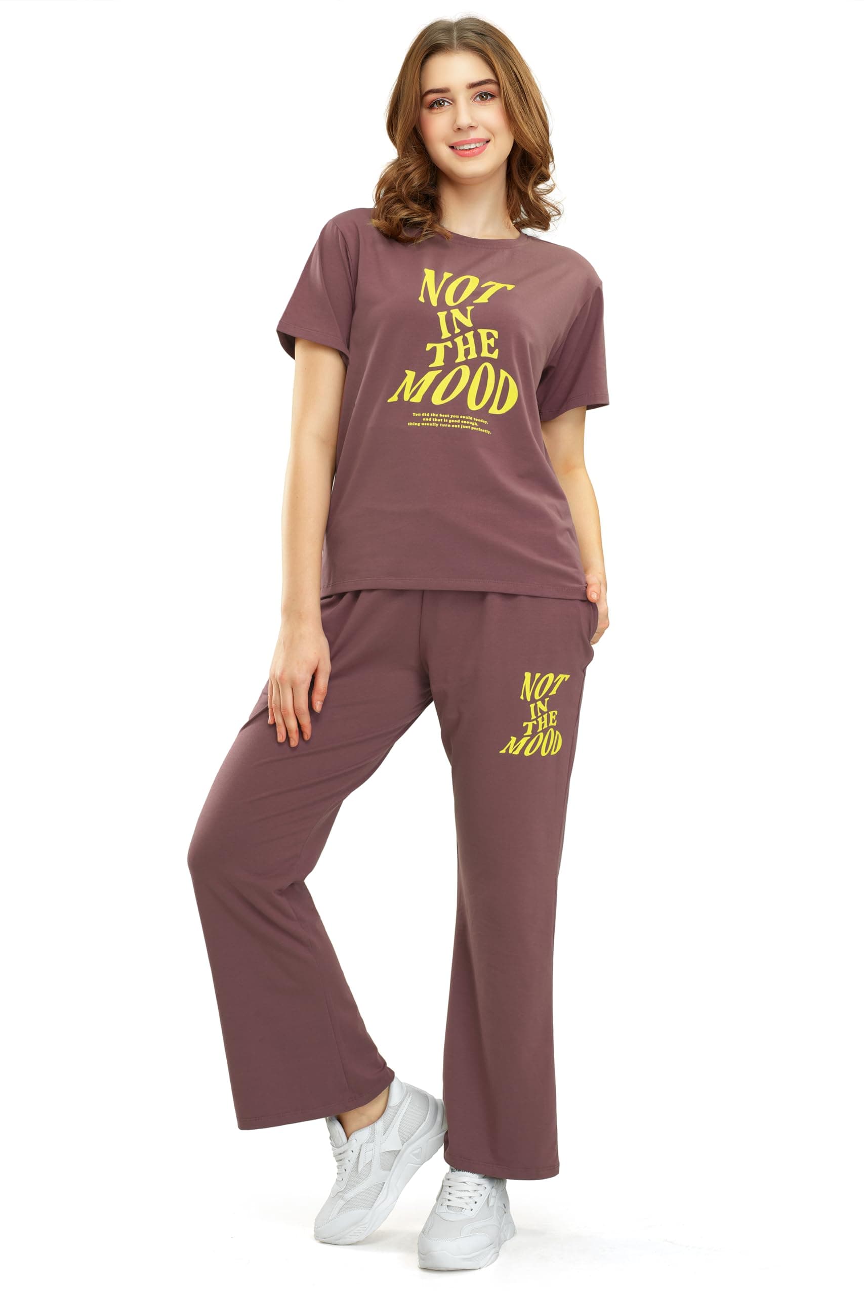 ZEYO Women's Cotton Typography Wide Bottom Night Suit Set of Top & Pyjama