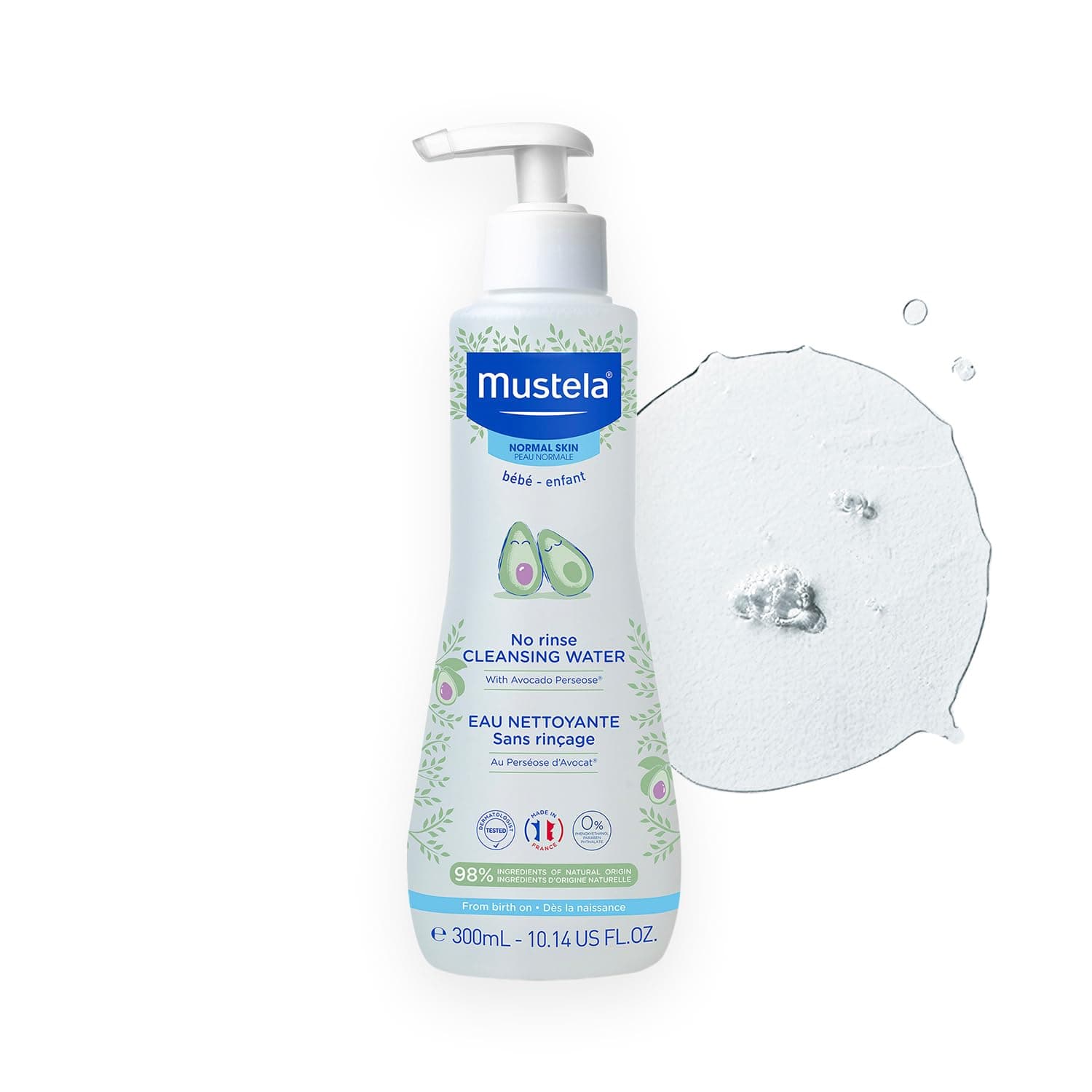 Mustela Baby Cleansing Water - 300ml | No-Rinse Micellar Water for Face, Body & Diaper Area | Natural Avocado & Aloe Vera | Gentle & Hypoallergenic Baby Cleanser