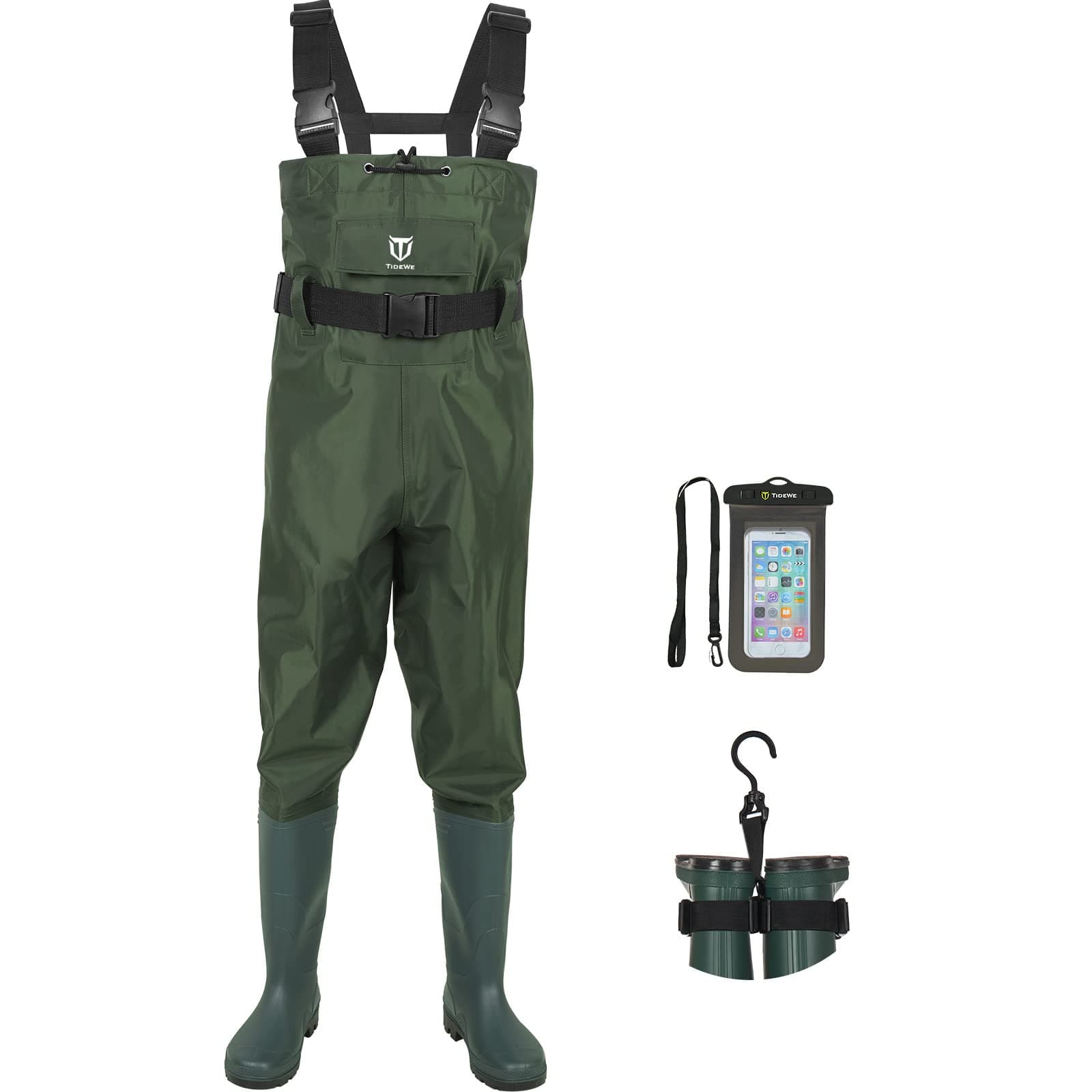 TIDEWE Bootfoot Chest Wader, 2-Ply Nylon/PVC Waterproof Fishing & Hunting Waders for Men and Women (Green and Brown)