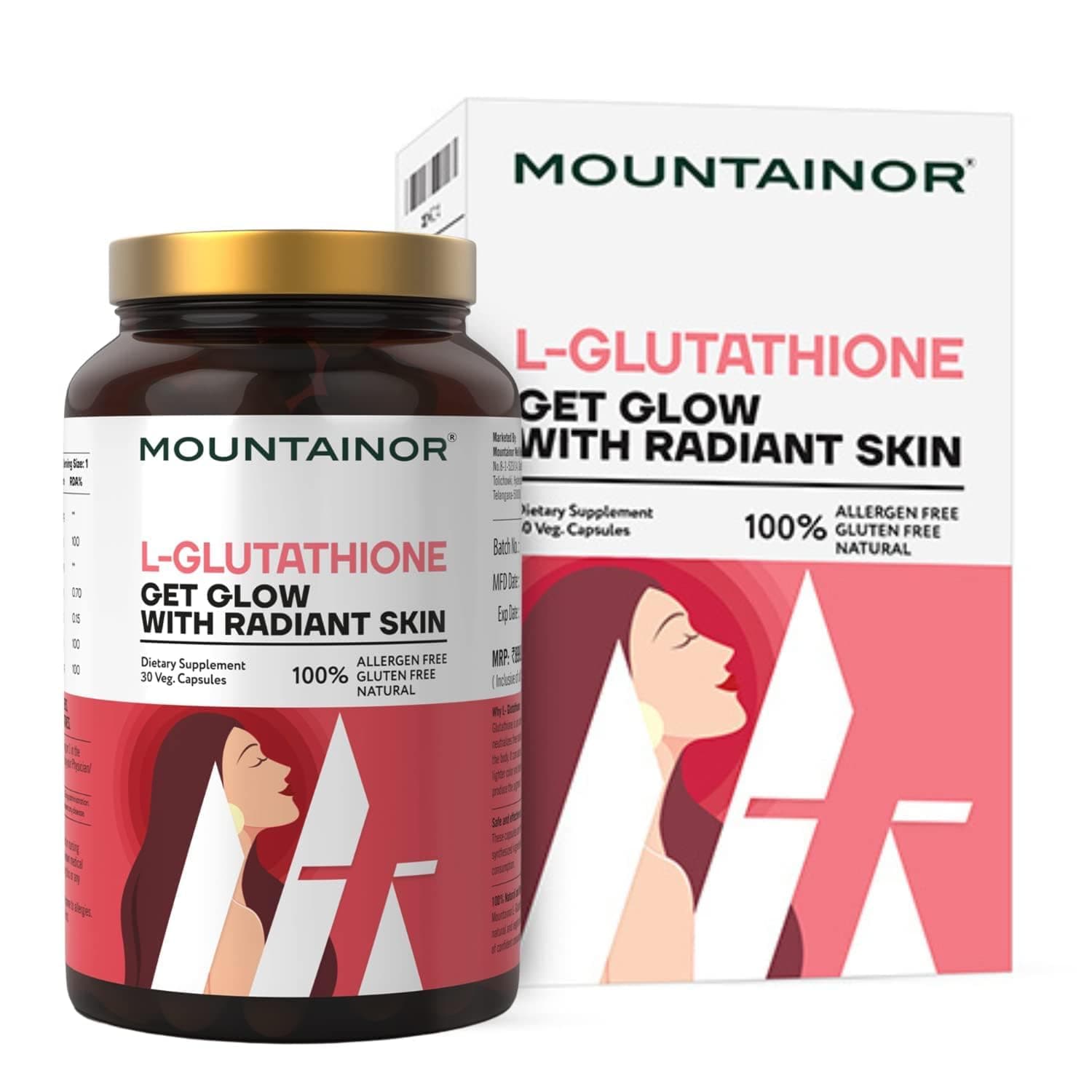 MOUNTAINOR L- Glutathione for Skin Whitening 1000mg With Grapeseed, Vit C,E, Hyaluronic Acid, Biotin Helps Reducing Melanin, Clear, Glowing Skin 30 Veg caps