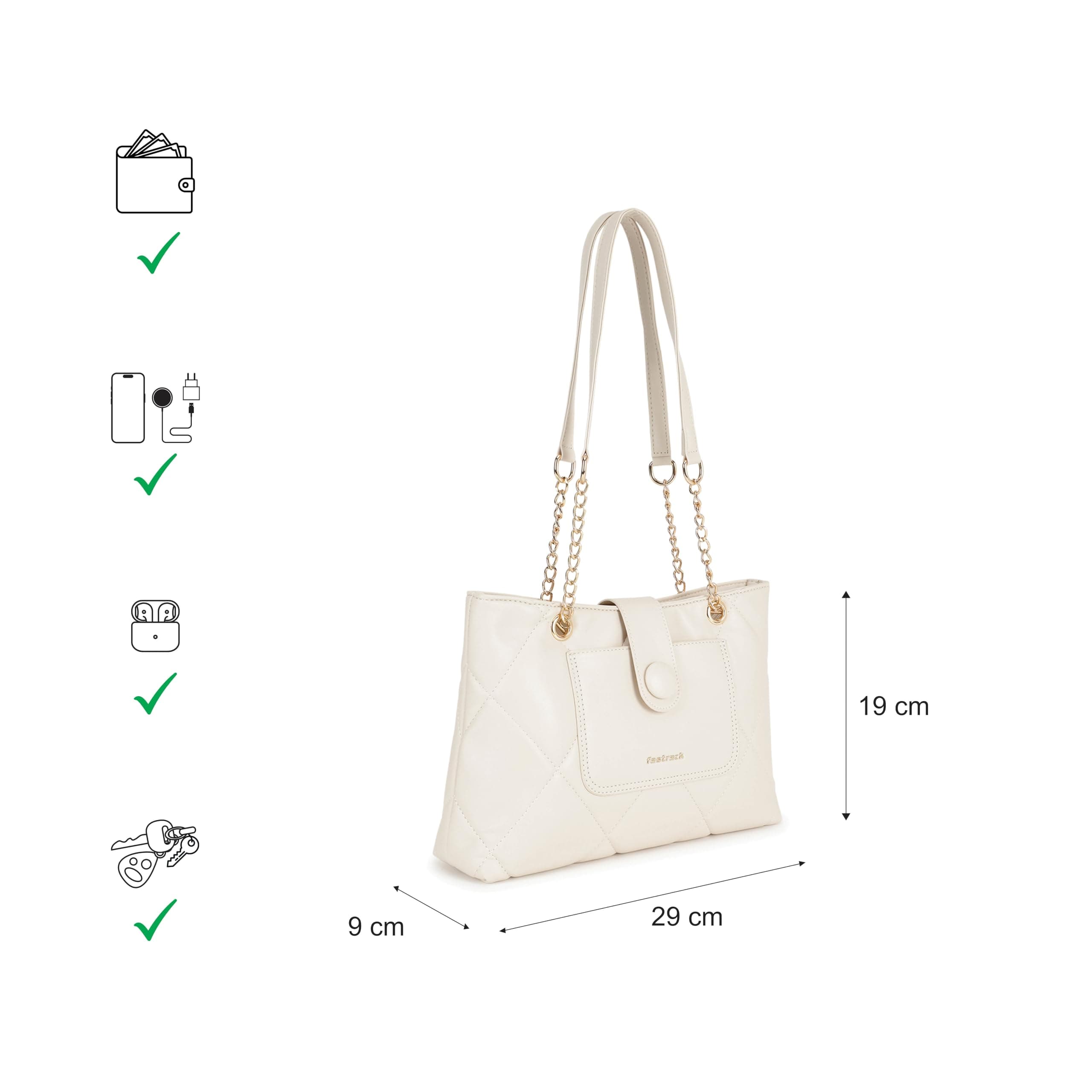 Fastrack ButtonUp Shoulder Bag | Quilted Faux-Leather Women’s Handbag | Bag with Chain Strap & Dual Closure