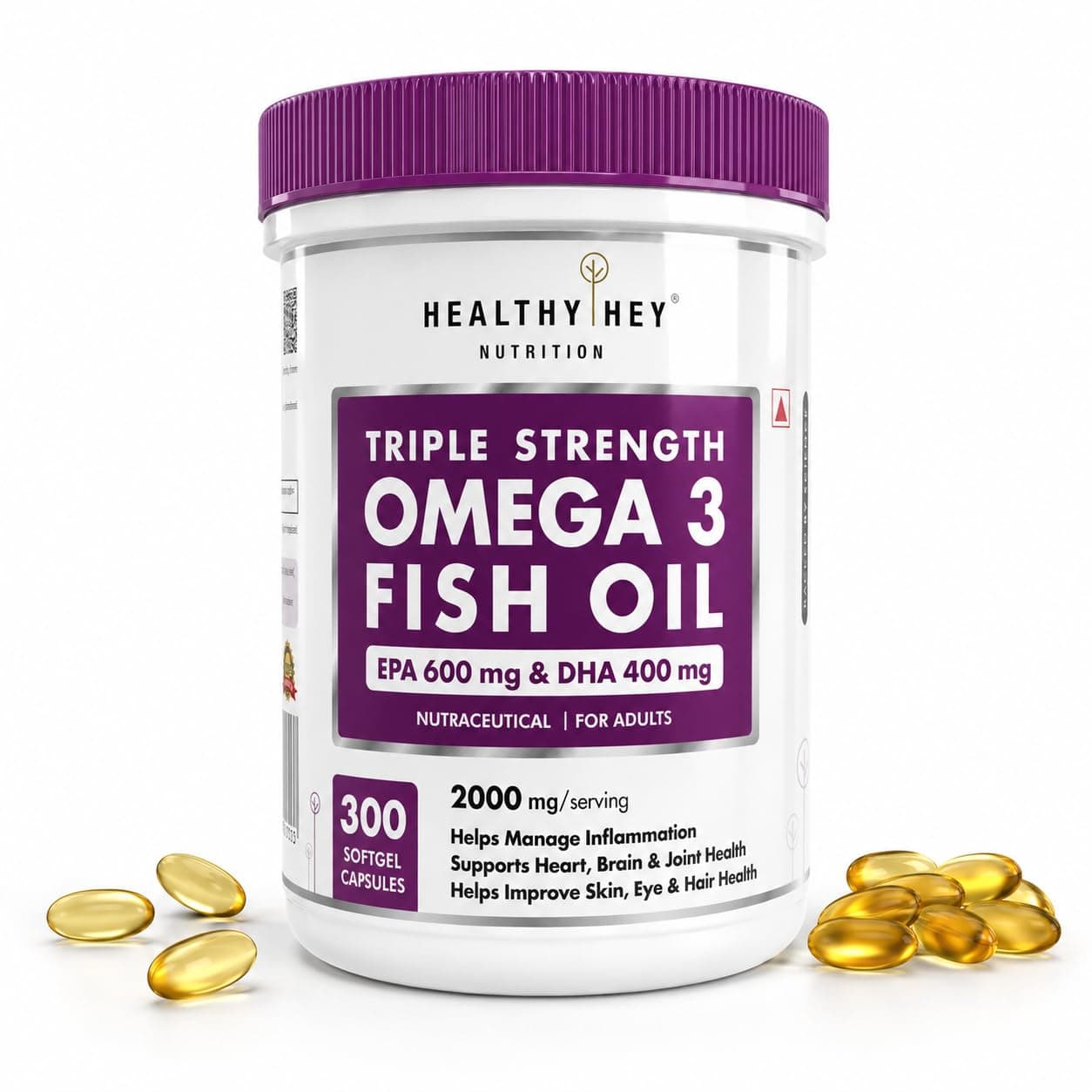 HealthyHey Sports Omega 3 Fish Oil | Omega 3 Fish Oil Capsules For Women and Men - 300 Softgels (EPA 600 - DHA 400)