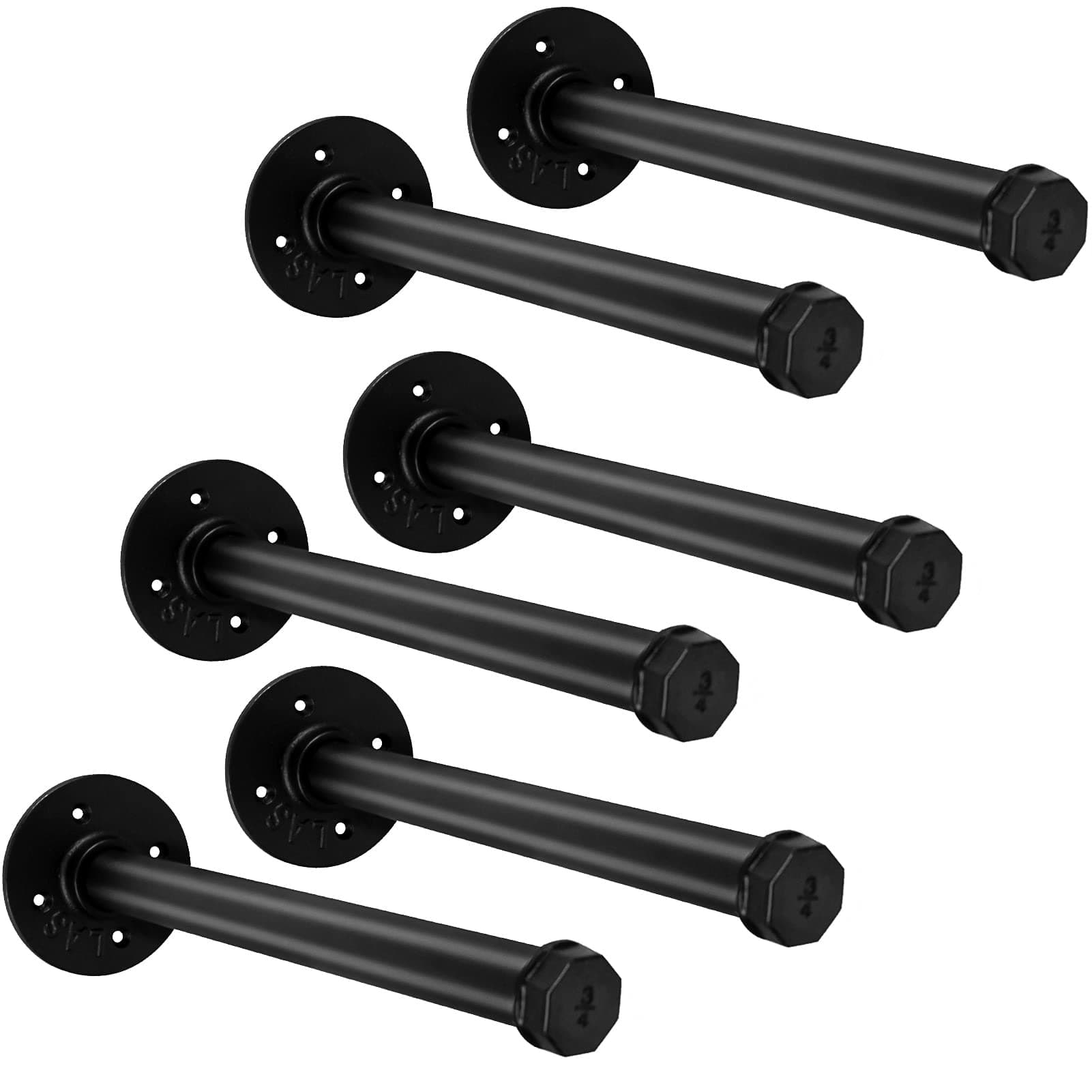 6Pack 12 Inch Industrial Pipe Wall Mounted Clothes Bar, Pipe racks for Retail boutique Display, Clothes hanging rods, DIY Shelving Brackets Hanging Custom Pipe Brackets for Retail Display, Matte Black