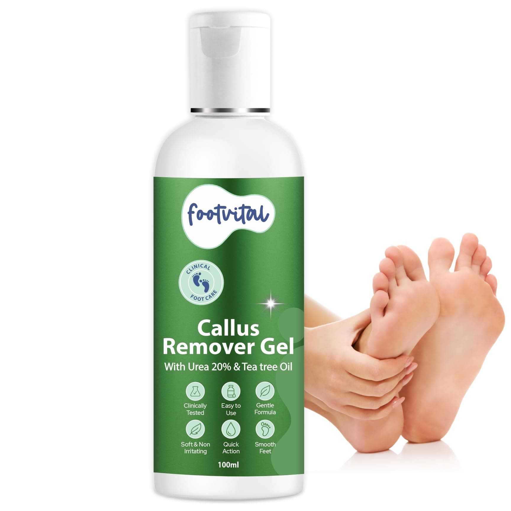 Footvital Callus Remover Gel 100ml | 20% Urea & Tea Tree Oil | targeted callus & dead skin removal for heels & soles | gentle skin softening formula | clinically tested | for men & women