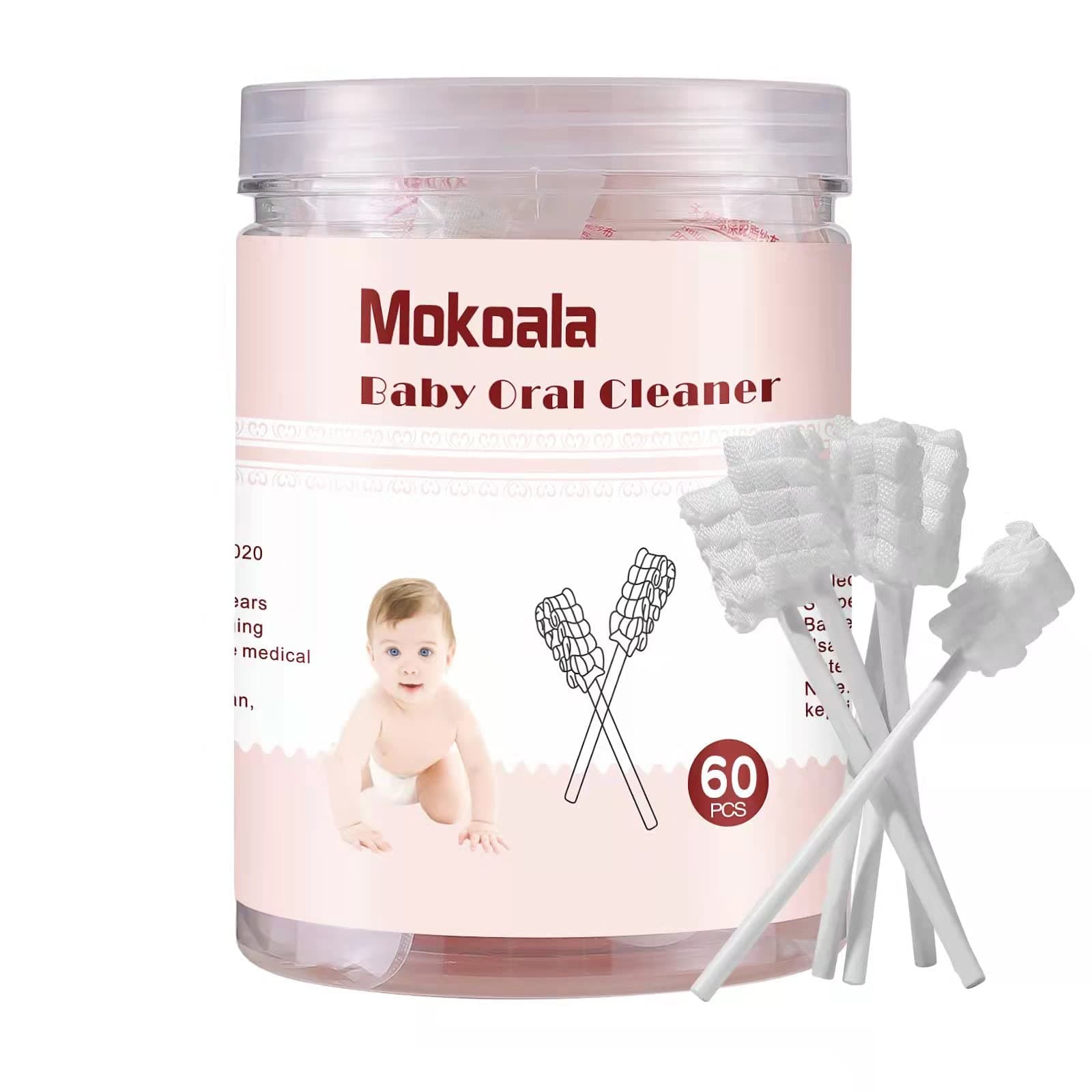 Infant Oral Cleaner, 60pcs Disposable Baby Gums Cleaner, Soft Gauze Toothbrush Newborn Oral Cleaning Stick Dental Care for 0-36 Months