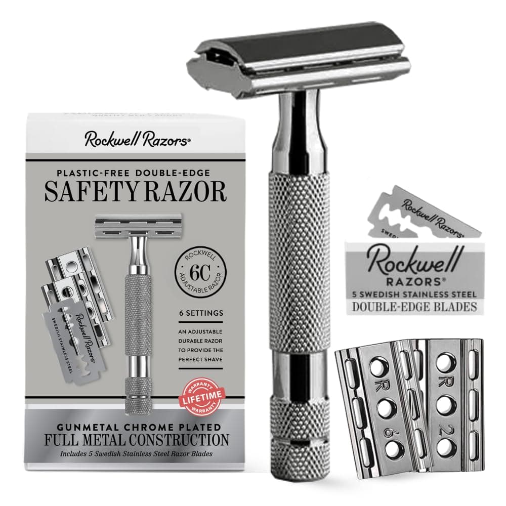 ROCKWELL RAZORS 6C Adjustable Safety Razor for Men & Women | Eco-Friendly & Reusable Shaving Razor | 5 Double Edge Razor Blades made of Pure Swedish Stainless Steel | Gunmetal Chrome Finish