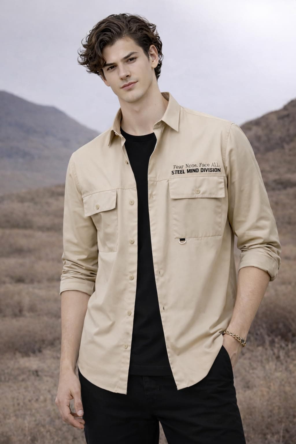 ADRO Mens Cotton Cargo Shirt in Beige Color – Full Sleeve Casual Fit with Chest Pockets | Travel wear | Printed Shirts for Men