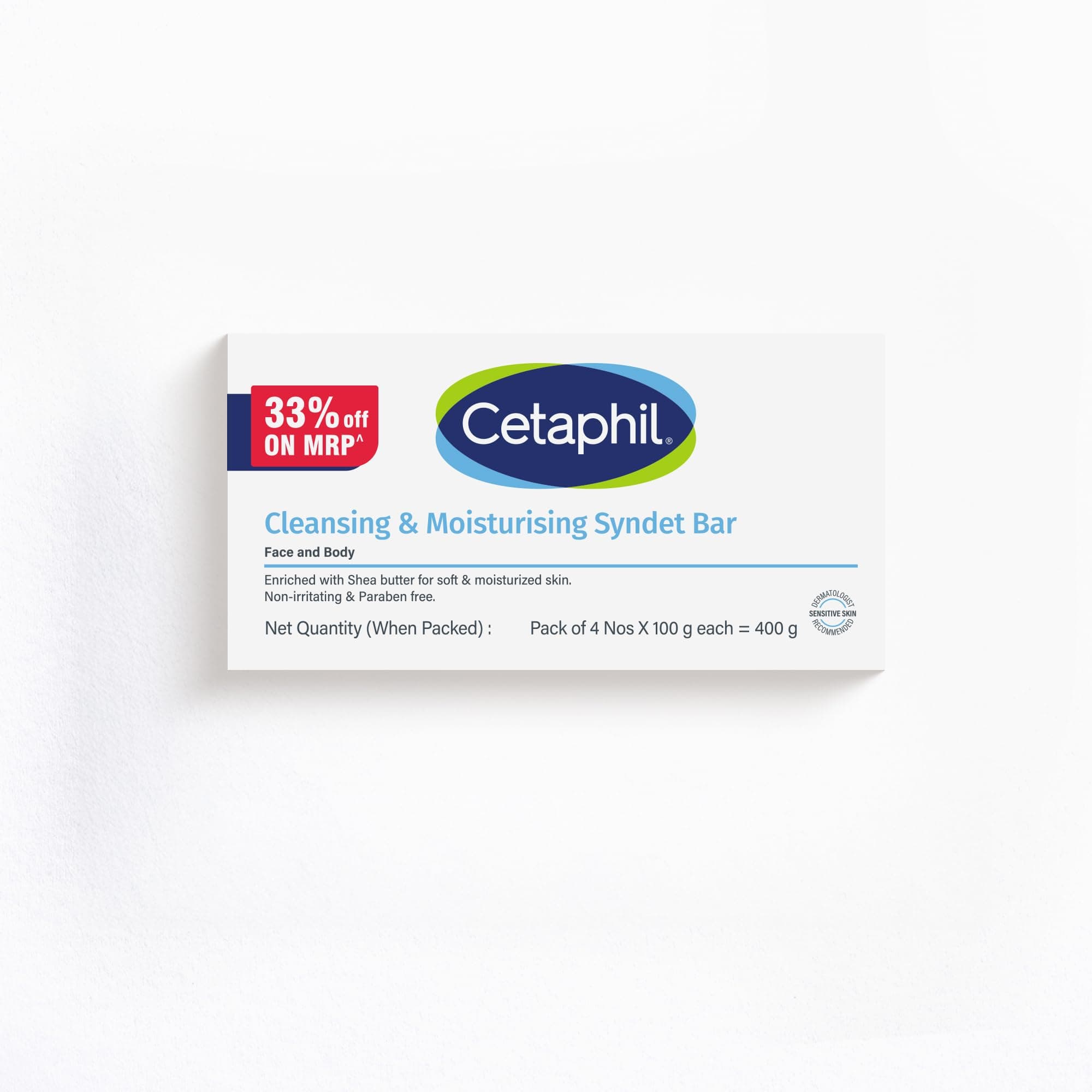 Cetaphil Cleansing Moisturizing Syndet Bar 4x100 gm – Gentle Soap-Free Syndet Cleansing Bar Pack with Shea Butter Blend, pH Balanced Moisturizing & Hydrating Formula for Sensitive & Dry Skin, Hypoallergenic & Non-Irritant Daily Cleanser for Face & Body