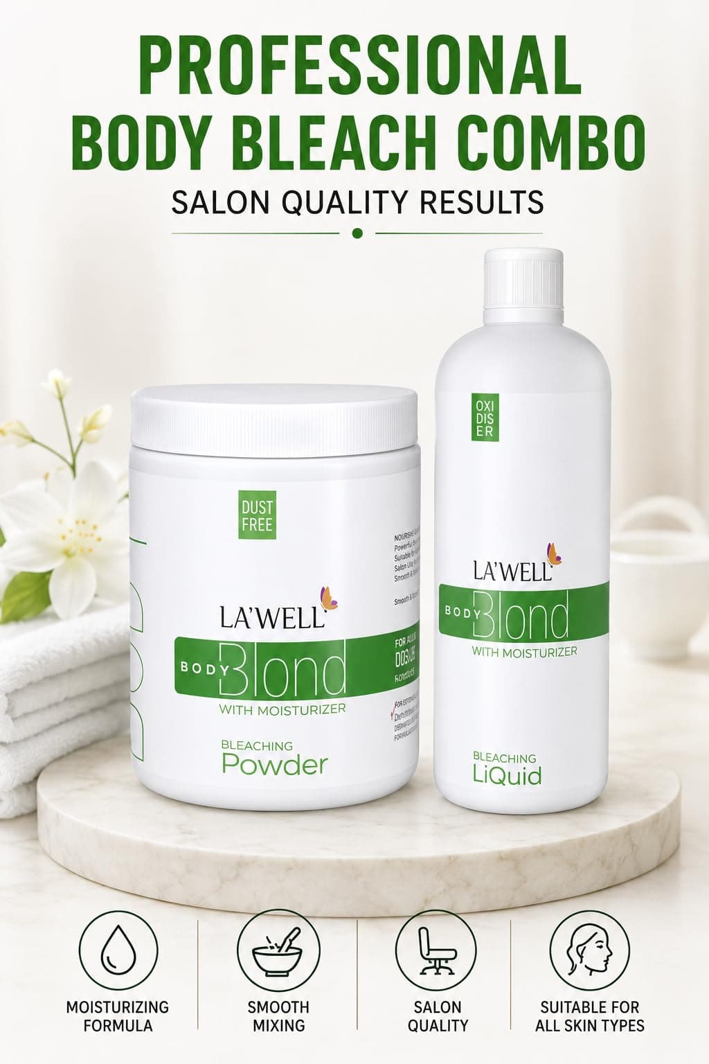 LA'WELL Body Blond Bleach Combo Pack 650g | Powder & Liquid with Moisturizer | Professional Salon Formula | Tan Removal Body Bleach Kit | Suitable for All Skin Types