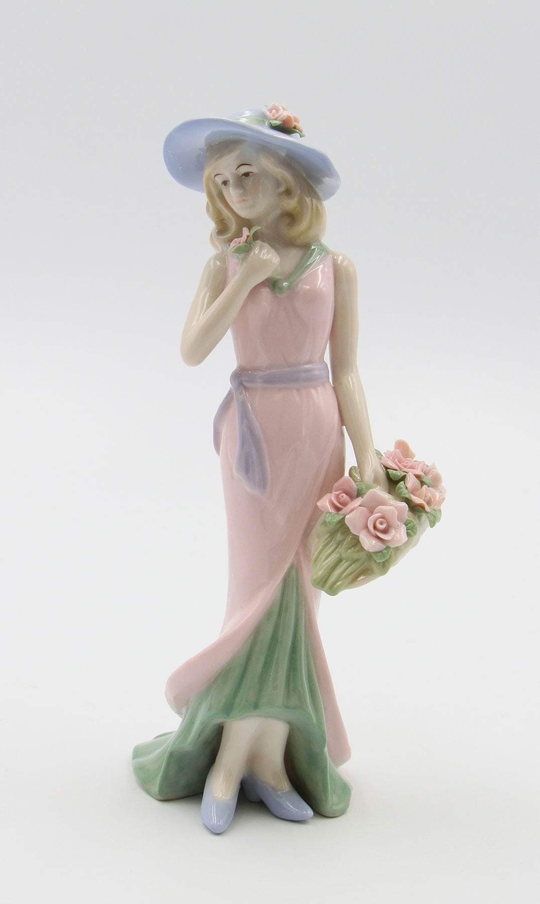 Cosmos Gifts Fine Porcelain Lady with Pink Rose Bouquet Basket Figurine, 7-7/8" H