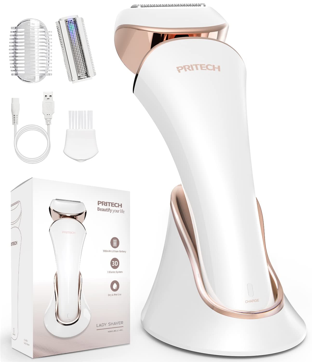 PRITECH Rechargeable Women Razor, Cordless Electric Razor for Women Wet & Dry Use, Portable Lady Shaver for Legs, Arms, Underarms Ipx6 Waterproof Electric Shaver Charge by USB & Dock,Gold