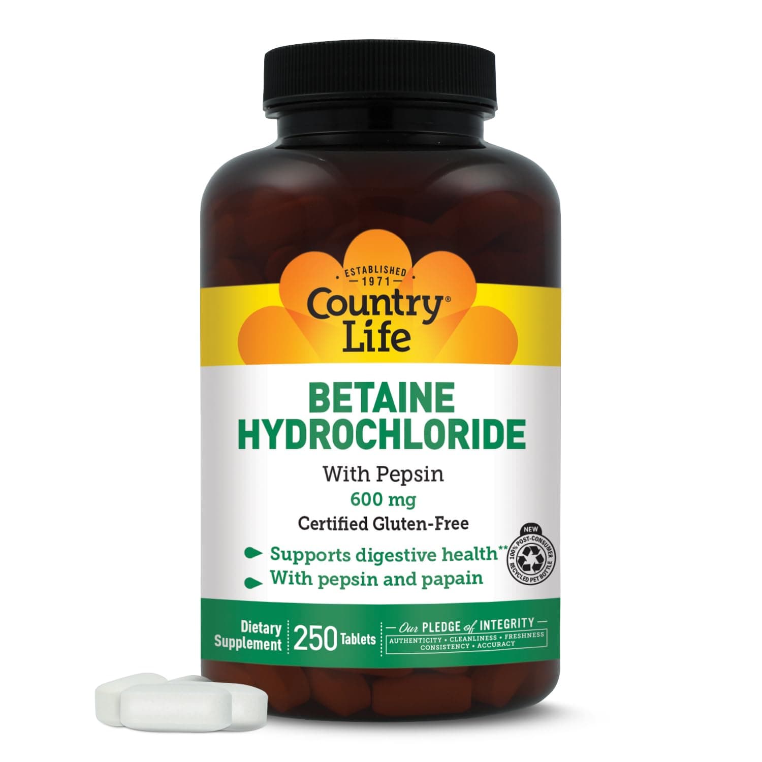 Country Life Betaine Hydrochloride 600 Mg Pepsin, 250-Count