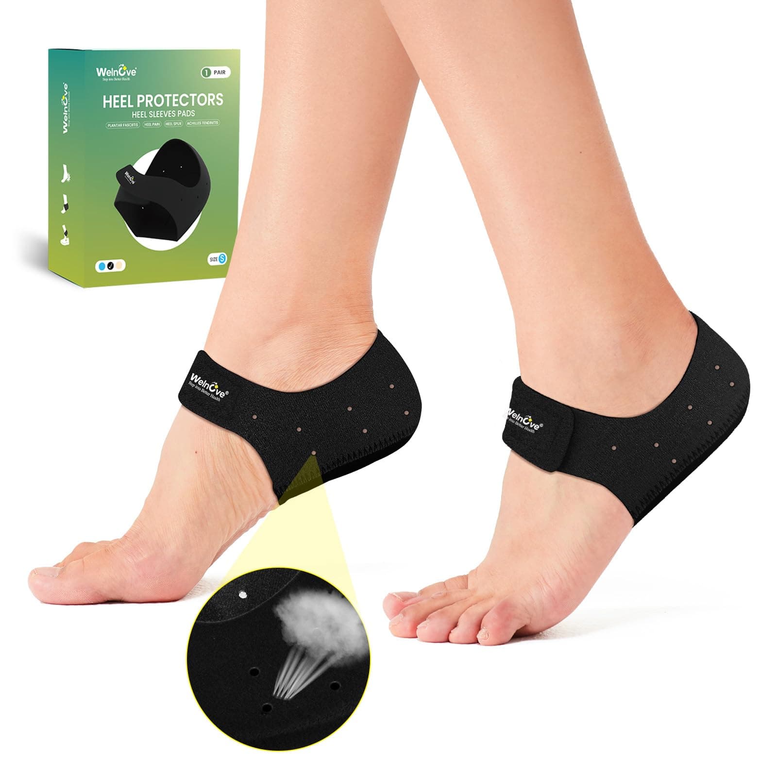 Welnove Gel Heel Protector Cups, Inserts Pads for Women Men, Plantar Fasciitis, Heels Spur, Achilles Tendonitis Dry Cracked Heel Support Cushion Black, Fit Best in Roomy Shoes (W 4.5-9 / M5-8)