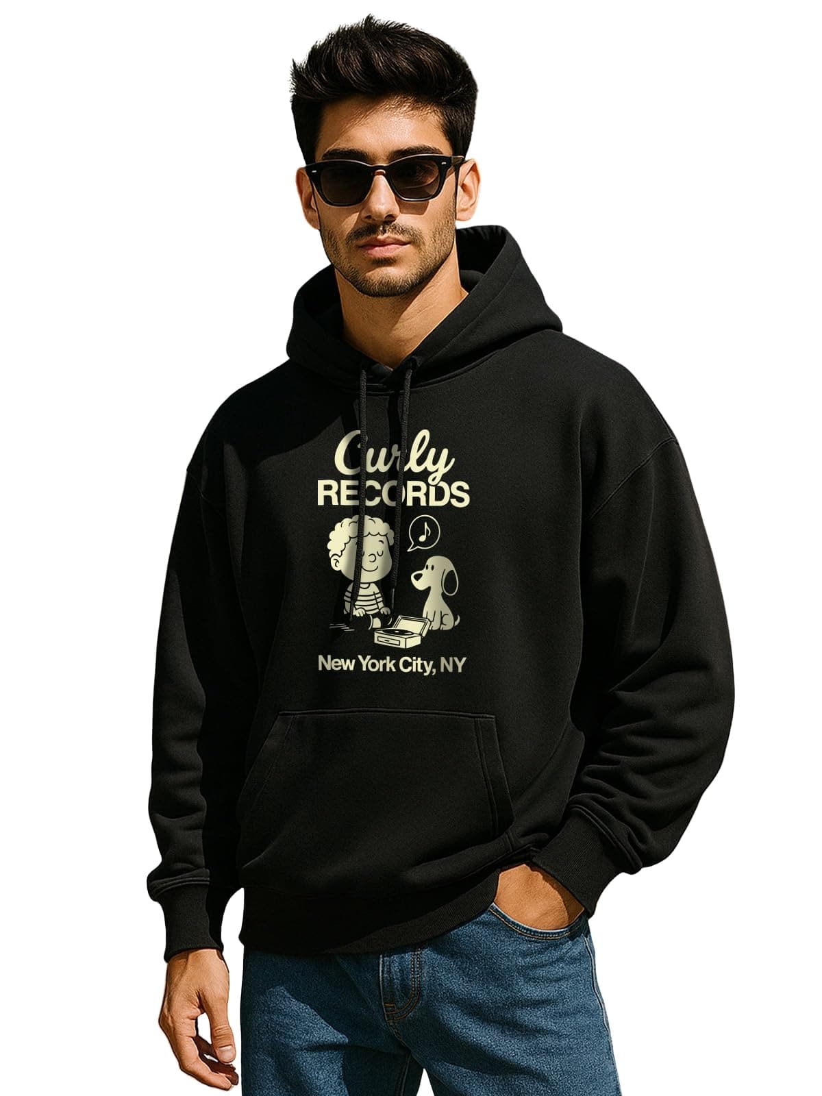 Veirdo® Polycotton Spun Oversized Fit Hooded Sweatshirt Full Sleeves Front Chest Graphic Printed Drop Shoulder Jumper Hoodie for Men (Colors: Blue, Black, Gray, Smoke Pine & Peach)