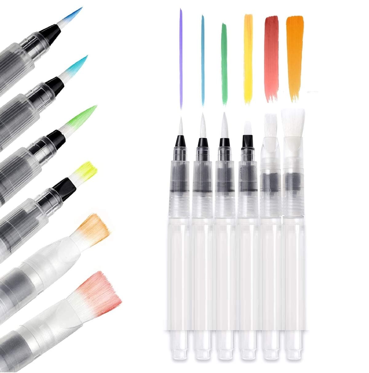 Water Brush Pens Aqua Pen Brushes Refillable Aquash Paintbrush with Water Reservoir Watercolour Paints Water Soluble Pencils Aqua Flow Markers Wash Painting Blending (6 Assorted Tips Set - 1 Set)