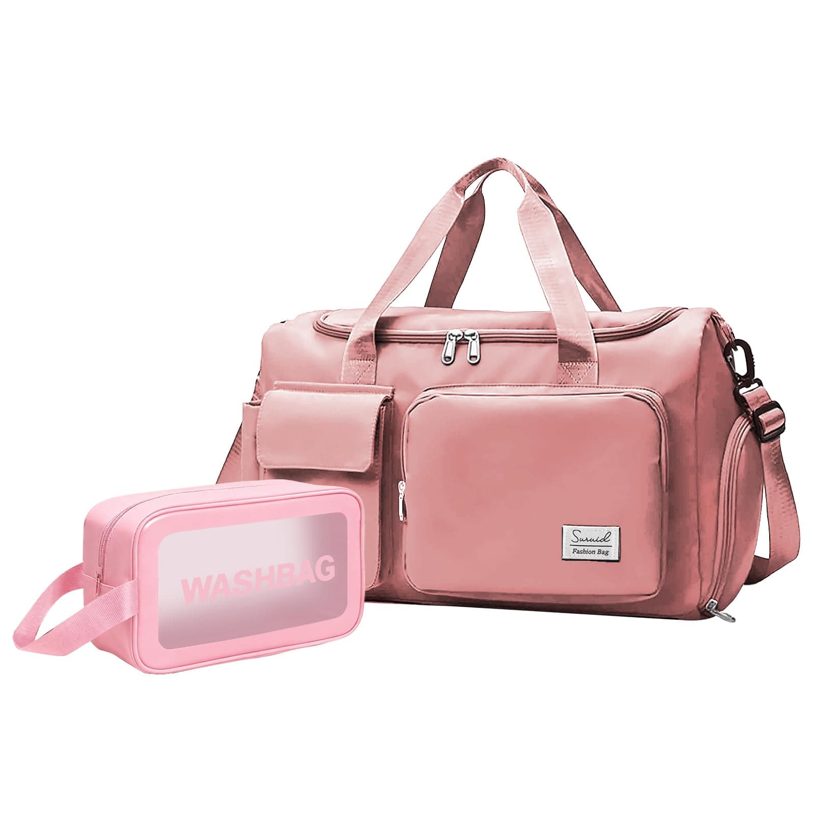 Suruid Gym Bag for Women Men, Travel Duffle Bag Large Capacity Carry On Weekender Bag With Shoe Compartment Gym Tote Dry Wet Separation Duffel Bag with Makeup Bag, Pink Gym Bag&toiletry Bag, 19.68 x