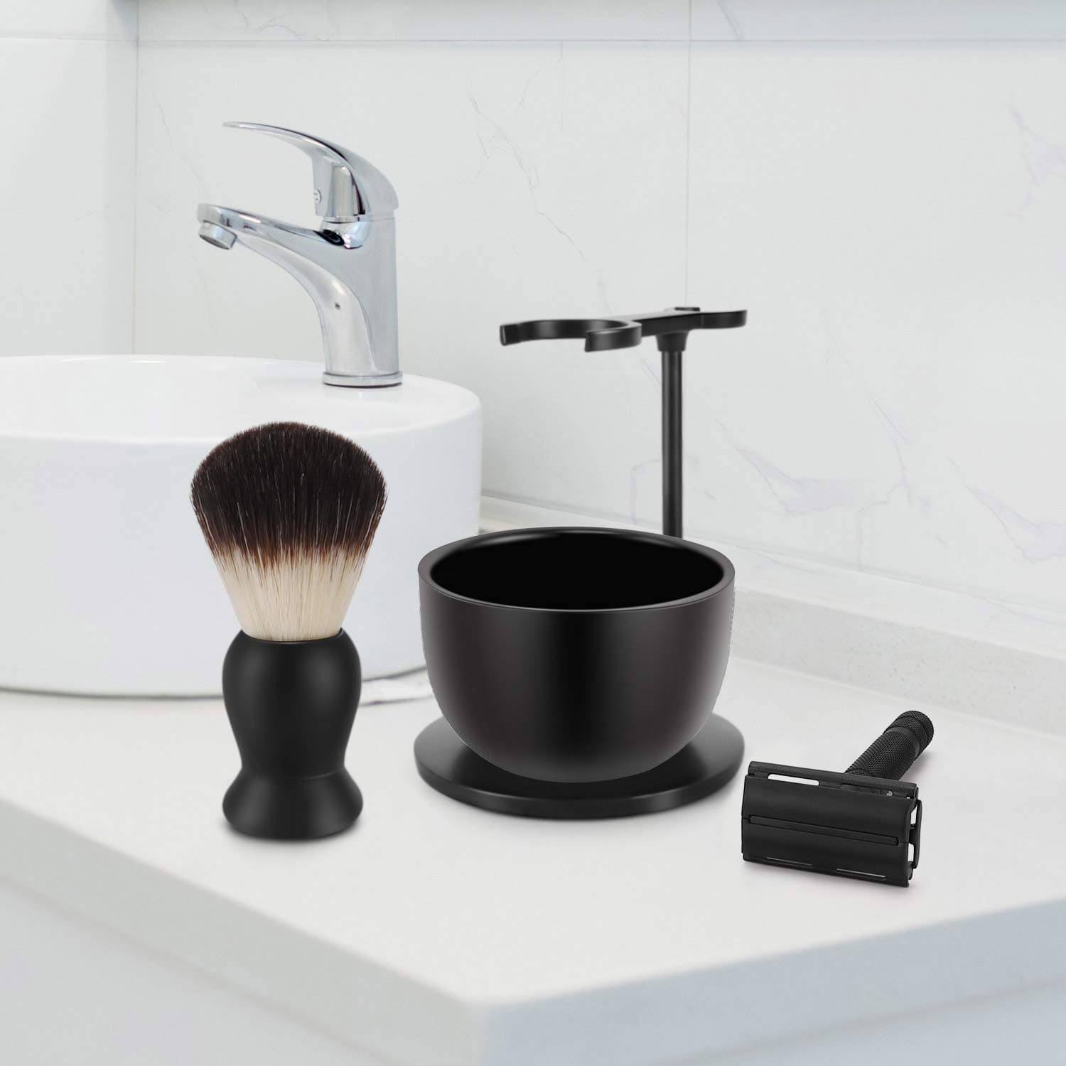 SANWA Deluxe Heavyweight Black Shaving Brush Razor Stand with Stainless Steel Soap Bowl Set,Dad Gifts,boyfriend Gifts,Husband Gifts for Him