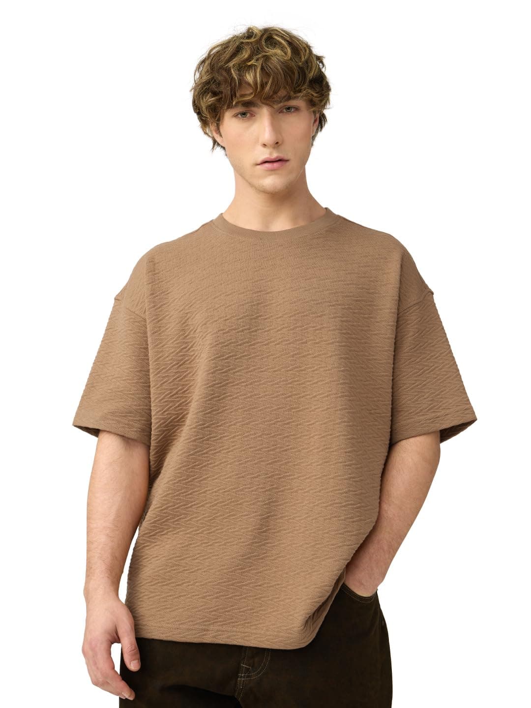 The Souled Store Textured T-Shirt: Men and Boys Short Sleeves Round Neck Solid Cotton Blend Oversized T-Shirts