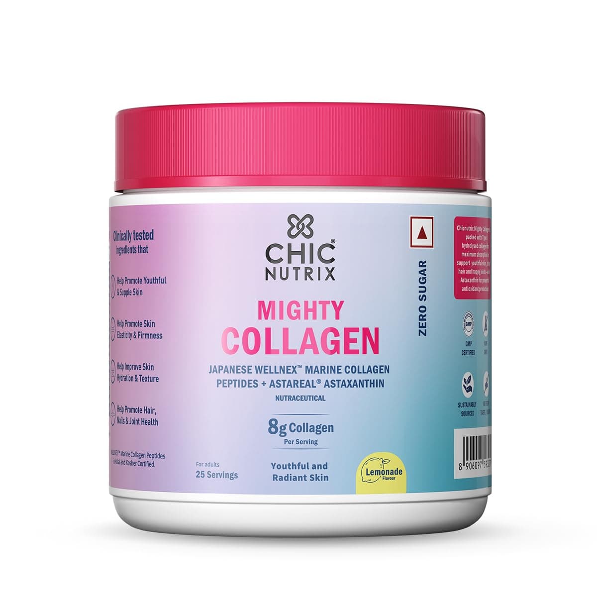 Chicnutrix Marine Collagen Supplements Powder for Women & Men | 8000mg Japanese Marine Collagen Peptides, AstaReal Astaxanthin | Zero Sugar, Fast Absorption & No Fishy Aftertaste | Lemonade Flavour