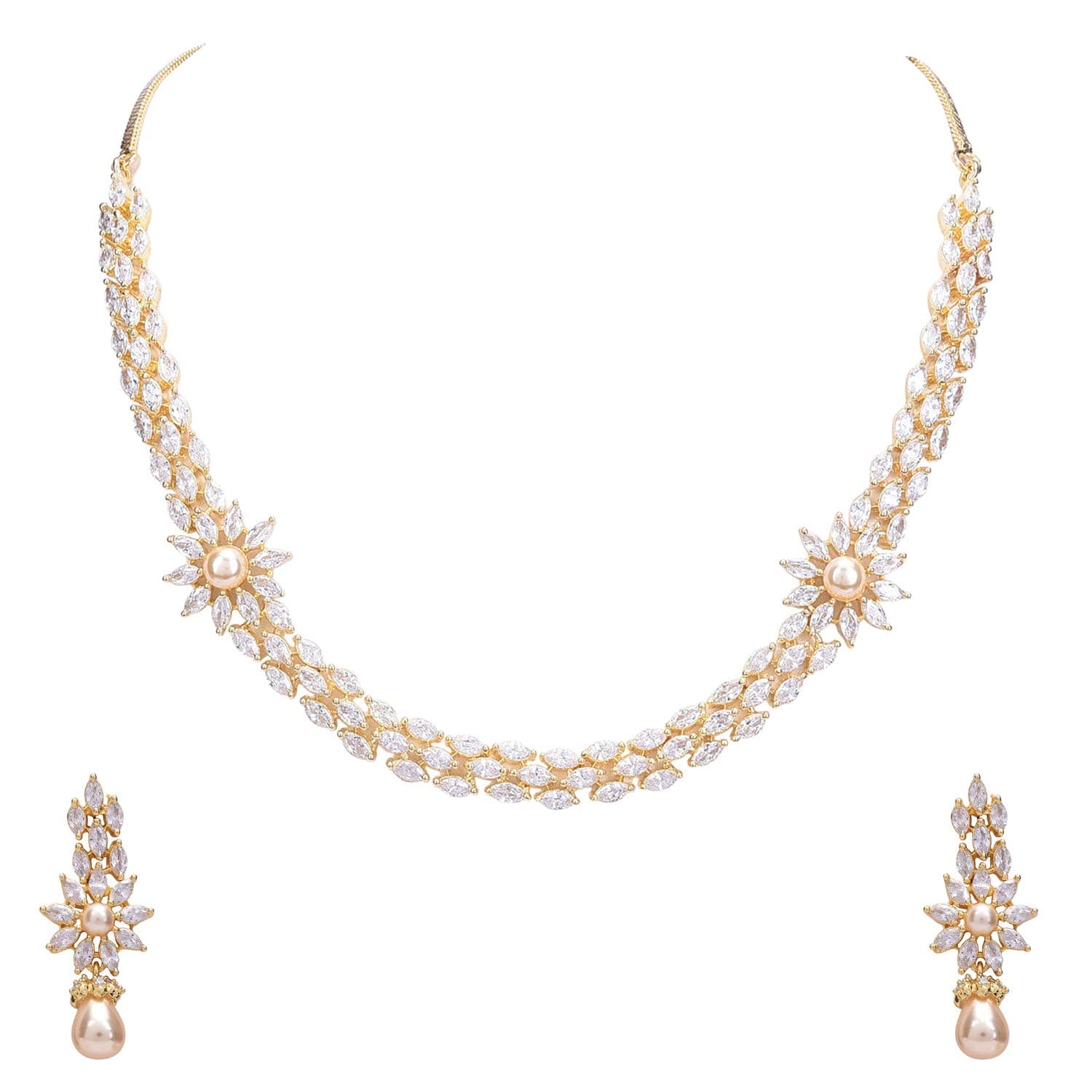 Ratnavali Jewels American Diamond Traditional Fashion Jewellery White Pearl Necklace Pendant Set with Earring for Women/Girls RV3017