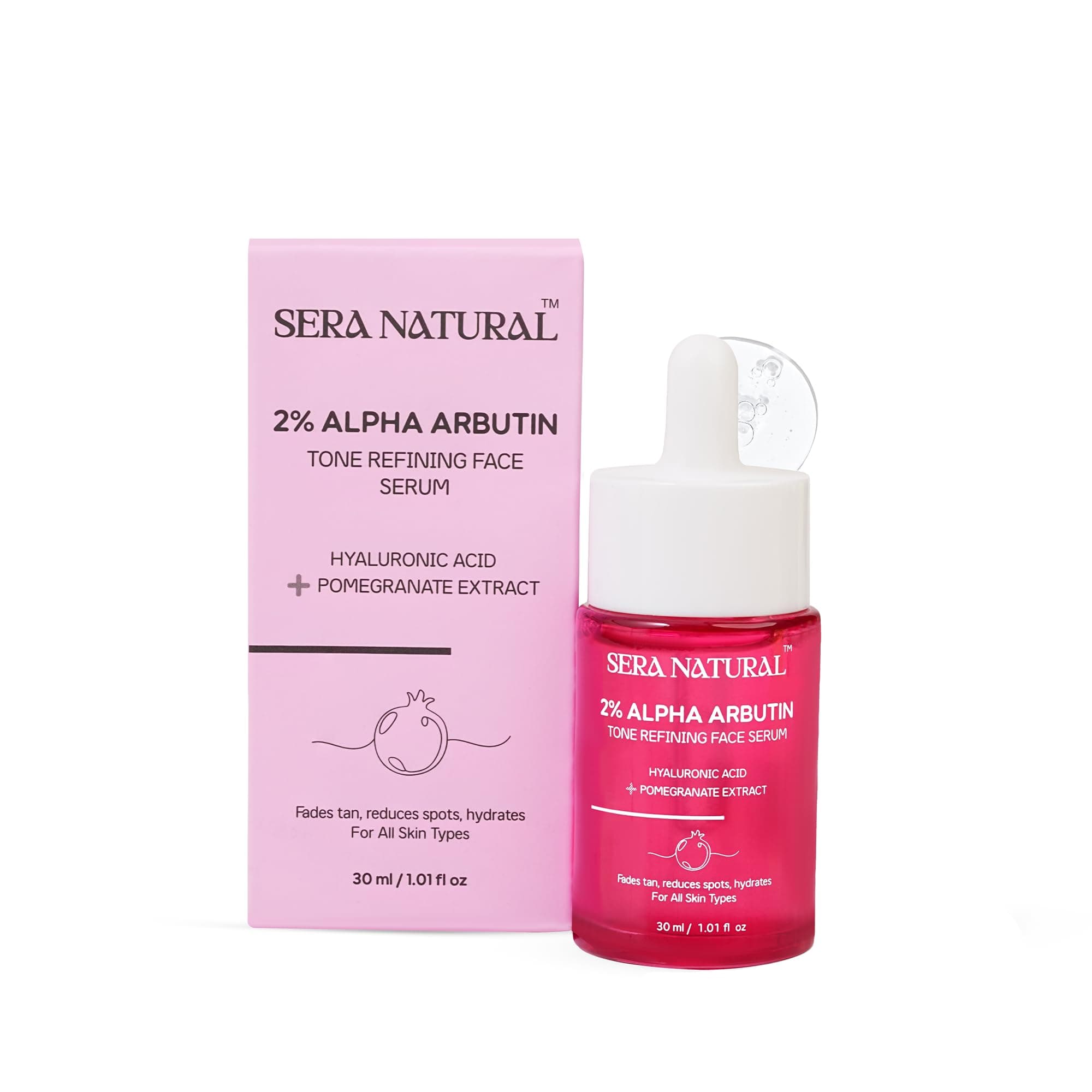 Sera Natural 2% Alpha Arbutin Face Serum for Dark Spots & Pigmentation with Hyaluronic Acid & Pomegranate | Fades Acne Marks & Tanning | Brightening, Fragrance-Free Serum | All Skin Types | 30 ml