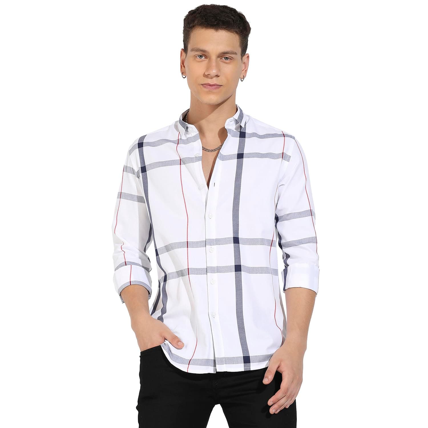 Campus Sutra Men's Tartan Plaid White Button Up Regular Fit Shirt for Casual Wear | Cotton Twill Spread Collar Shirt Crafted with Regular Sleeve & Comfort Fit for Everyday Wear