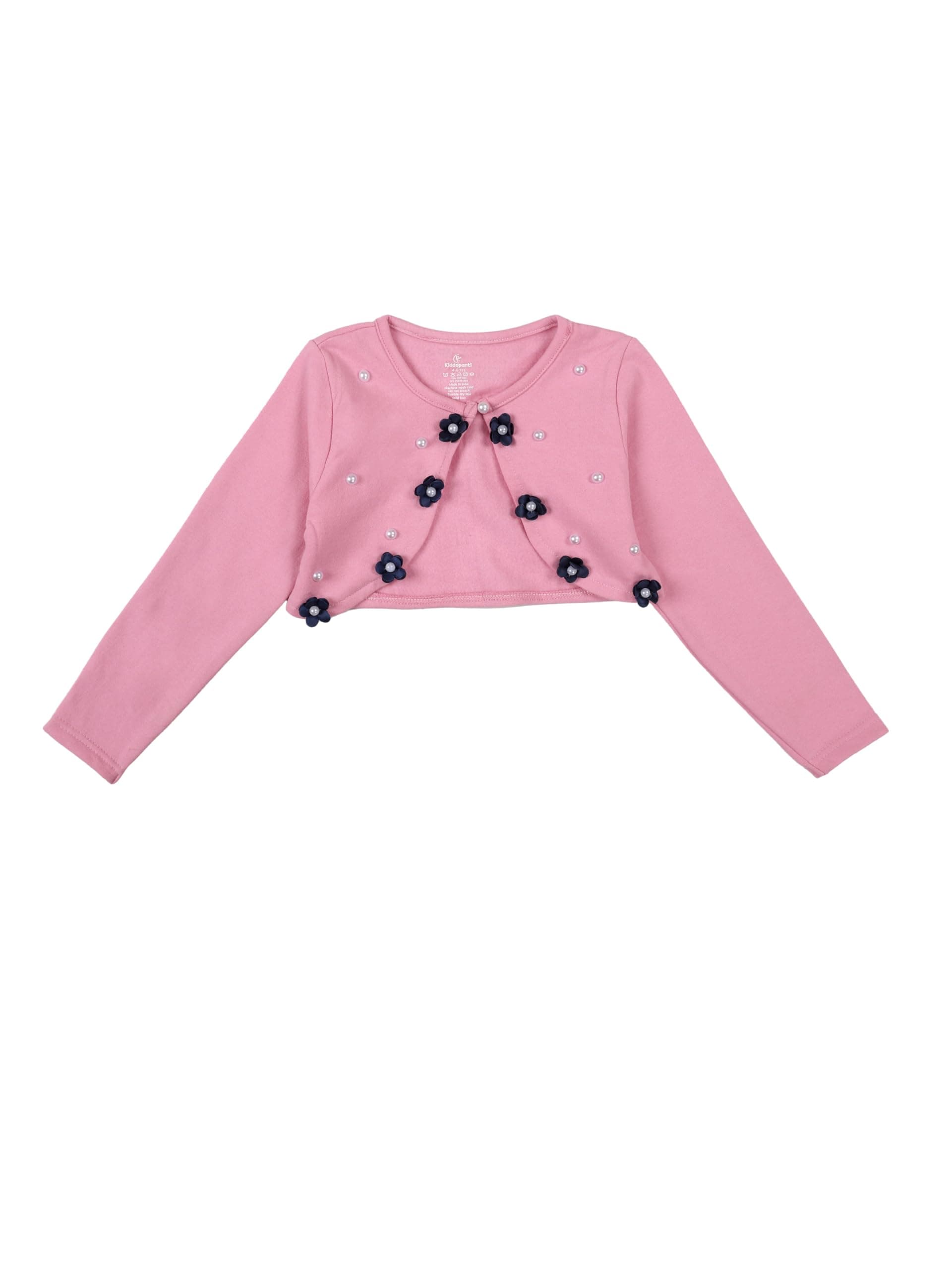 KiddoPanti Girls Fleece Full Sleeve Shrug with 3D Floral & Pearl Applique, Baby Pink Pear & Flower - 6-8Y