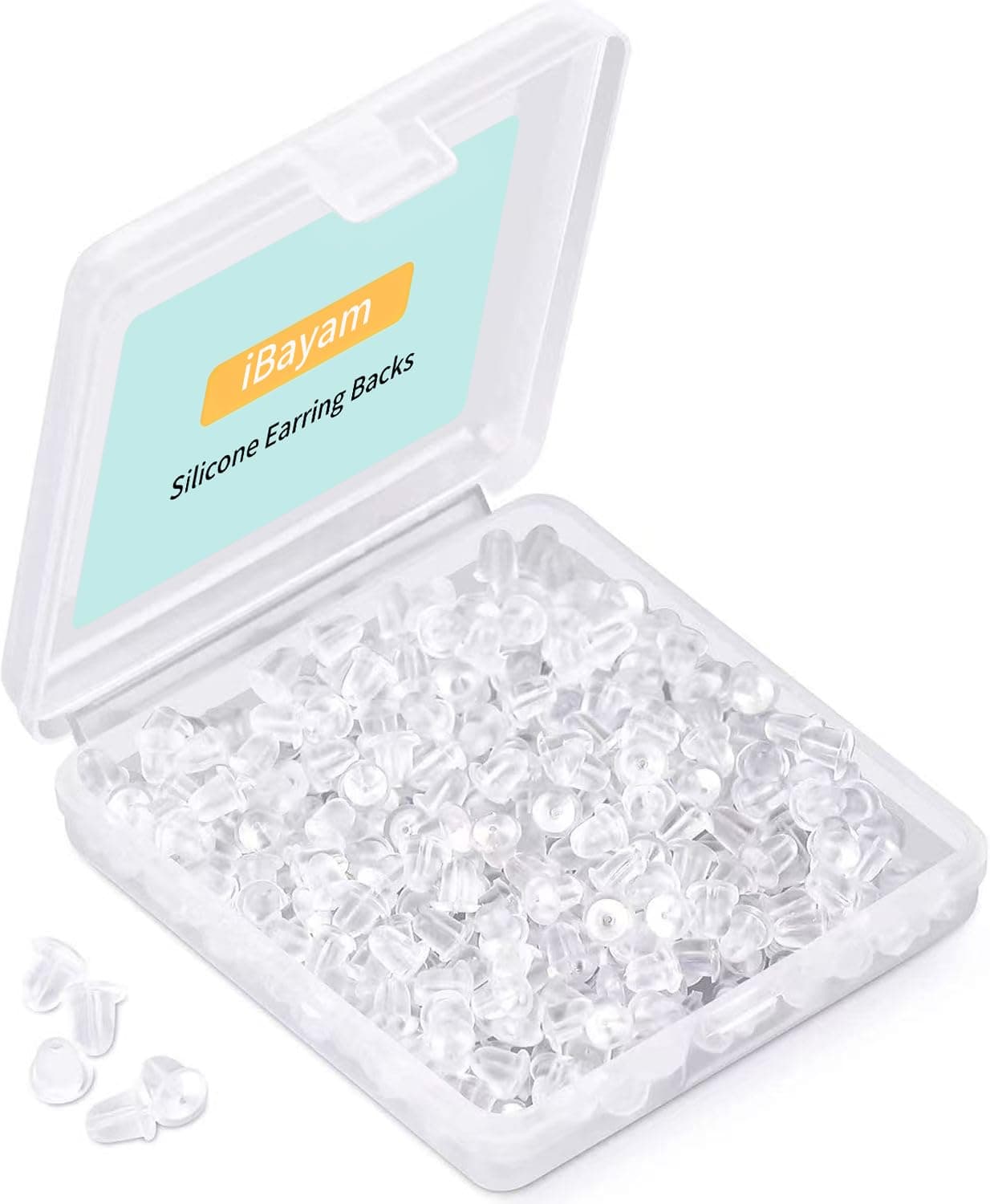 iBayam Silicone Soft Clear Ear Safety Back Pads Backstops with Handy Case (200 Pieces/100 Pairs, Diameter 4mm)
