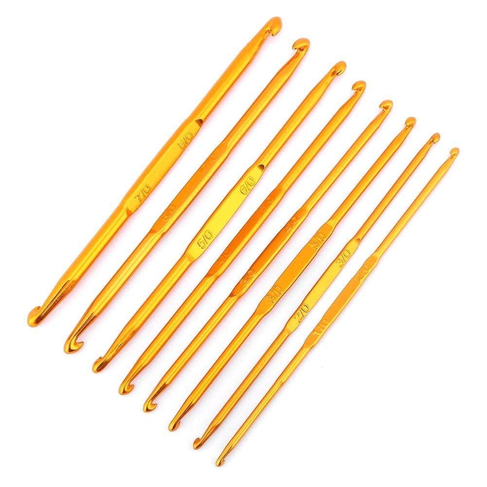Walfront 8 Pcs Handle Crochet Hooks Knitting Needle Set, Golden Aluminum Double End Crocheting and Knitting Set Weave Craft