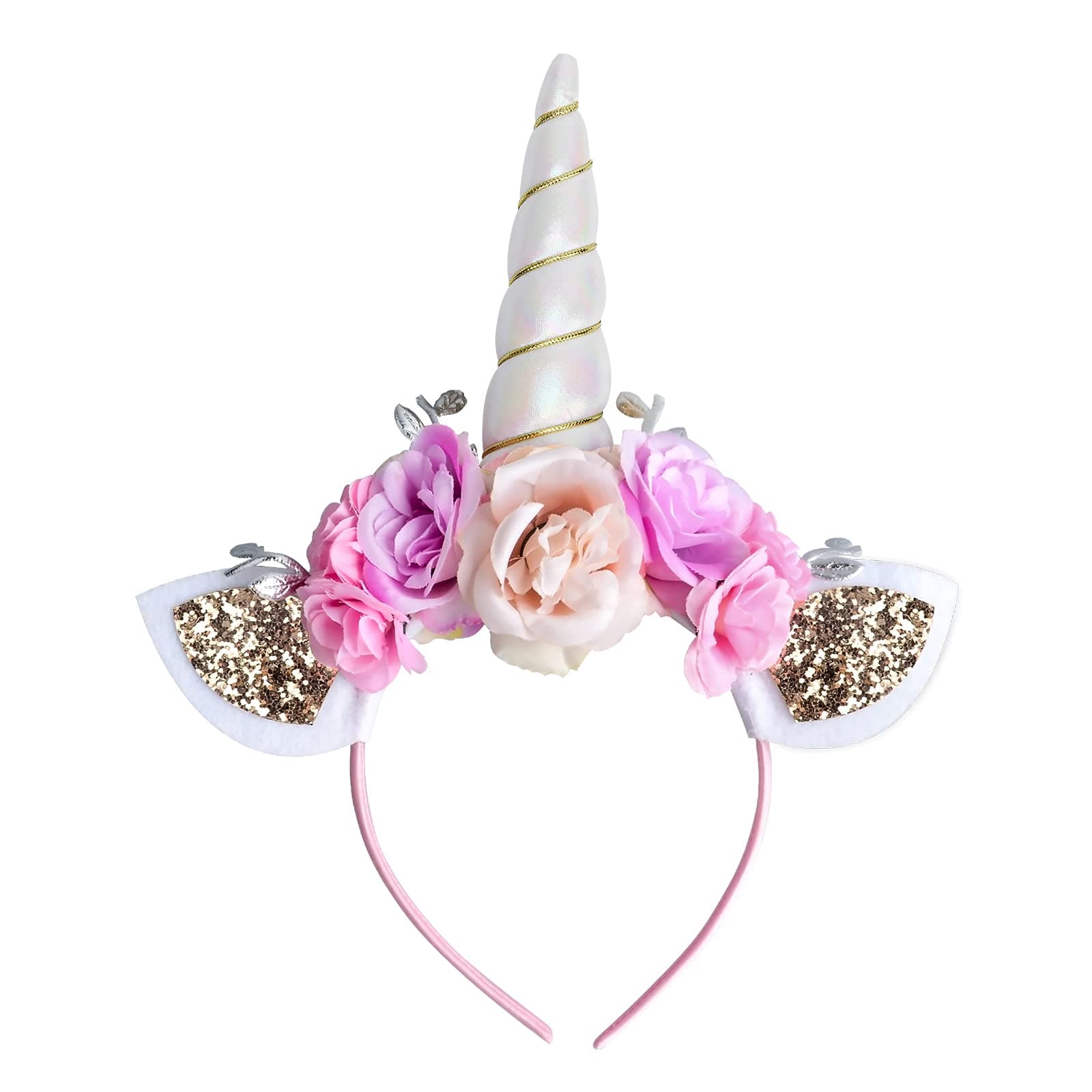 Unicorn Headband, AHIER White Glitter Horn Headband Cat Ear Head Bands Flowers Headwear Accessory for Unicorn Party Supplies