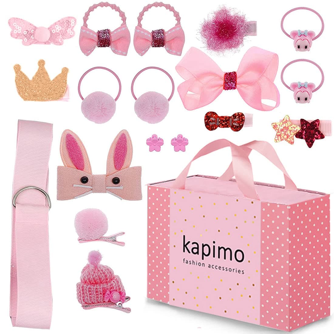 kapimo 18 Pcs Hair Clips for Baby Girls Toddlers Kids Fancy Cartoon Hair Accessories Bands Bows Ties Gift Set Box (Pink)