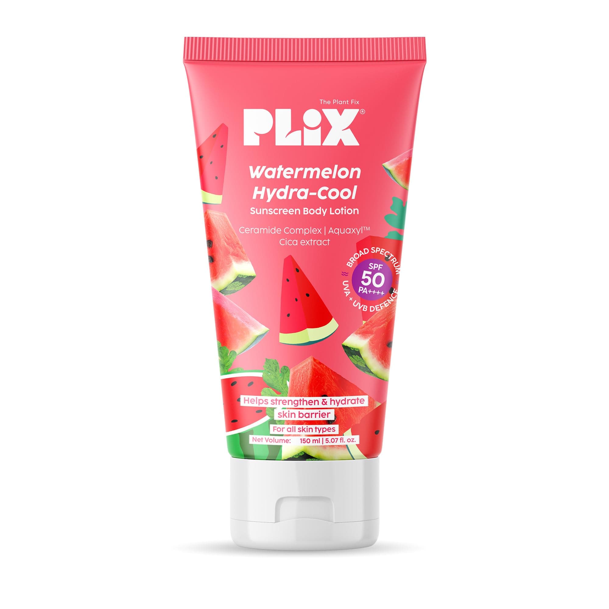 PLIX - THE PLANT FIX Watermelon Hydra-Cool Sunscreen Body Lotion With SPF 50 | PA++++ | Ceramides, Cica, Aquaxyl & Frescolat® ML | Lightweight 2-in-1 Body Lotion + Sunscreen (Pack of 1, 150ml)