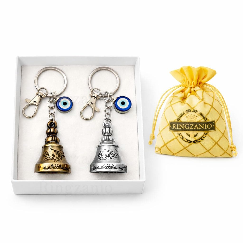 Ringzanio Guardian Bell Keychain for Bike and Car | Tibetan Bell Keychain with Evil Eye | Good Luck Charm | Ghanti for Bike | Guardian Bells | Gift for Men | Protection Charm 2 Pcs Combo