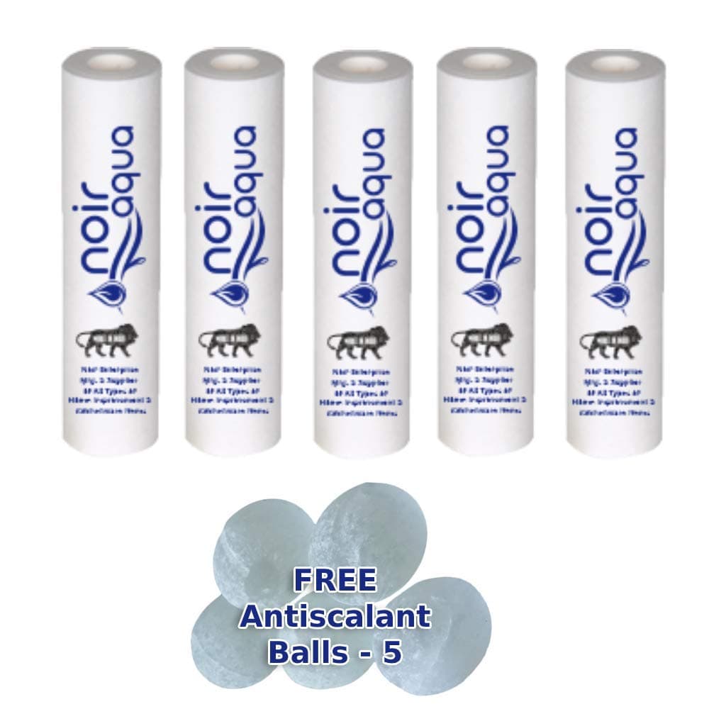 Noir Aqua - 5 PP Spun Filter + 5pcs Antiscalant Balls | for All type RO Water Purifiers (5 Piece, White, 10 Inch, 5 Micron) - RO spun filter cartridge