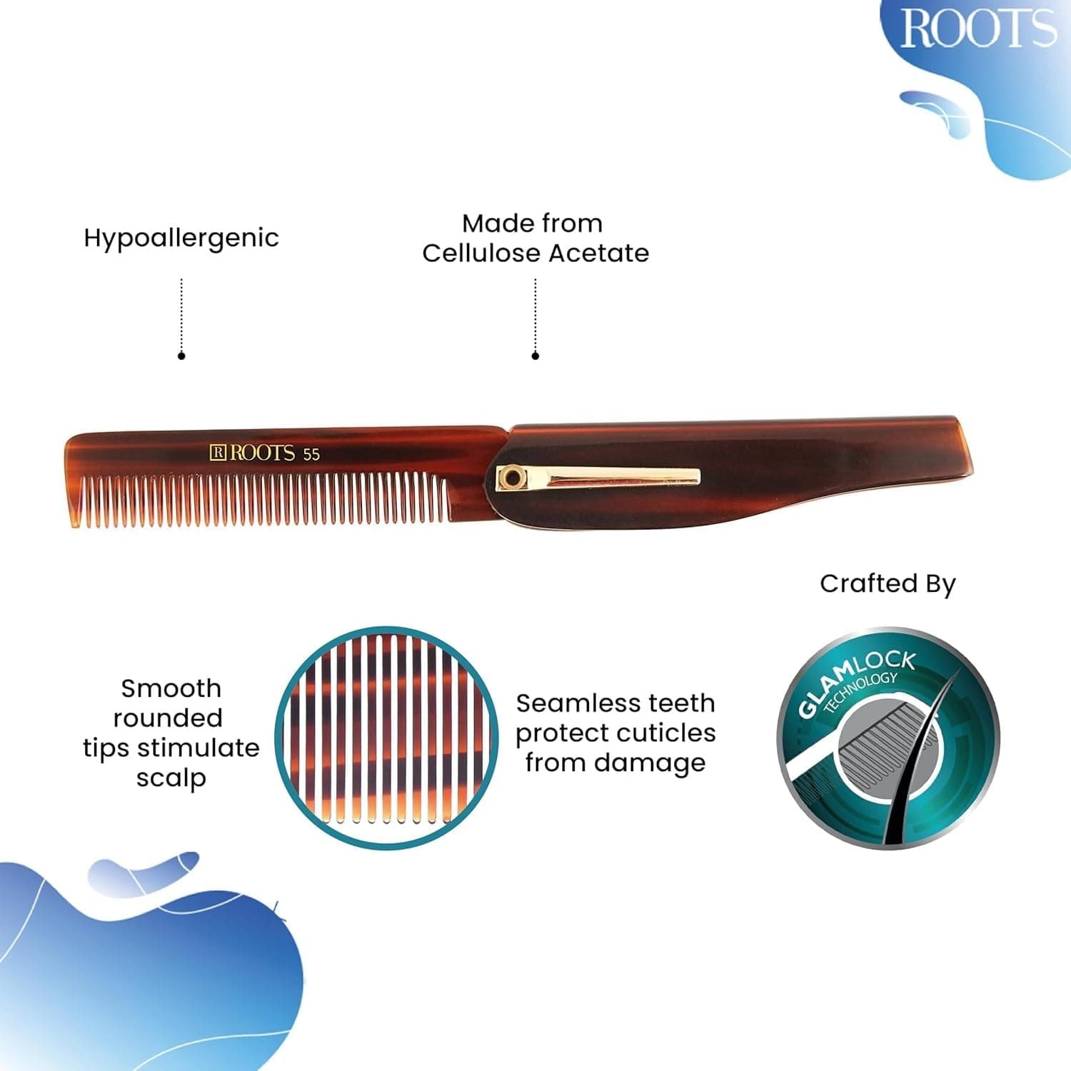 ROOTS Folding Pocket Comb With Clip | Fine Teeth Comb | Portable Travel Comb | Rounded Teeth prevent Hair & Scalp damage | Low Static | For Men & Women | Model No. 55