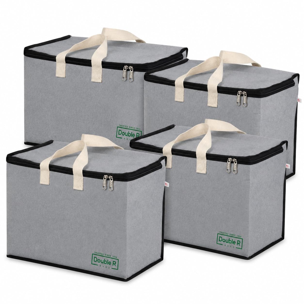 DOUBLE R BAGS Canvas Reinforced Cotton Handles with Multipurpose Clothes Storage Organizer For Grocery vegetable shopping and Covers Zip Bags (Pack of 4, Grey)