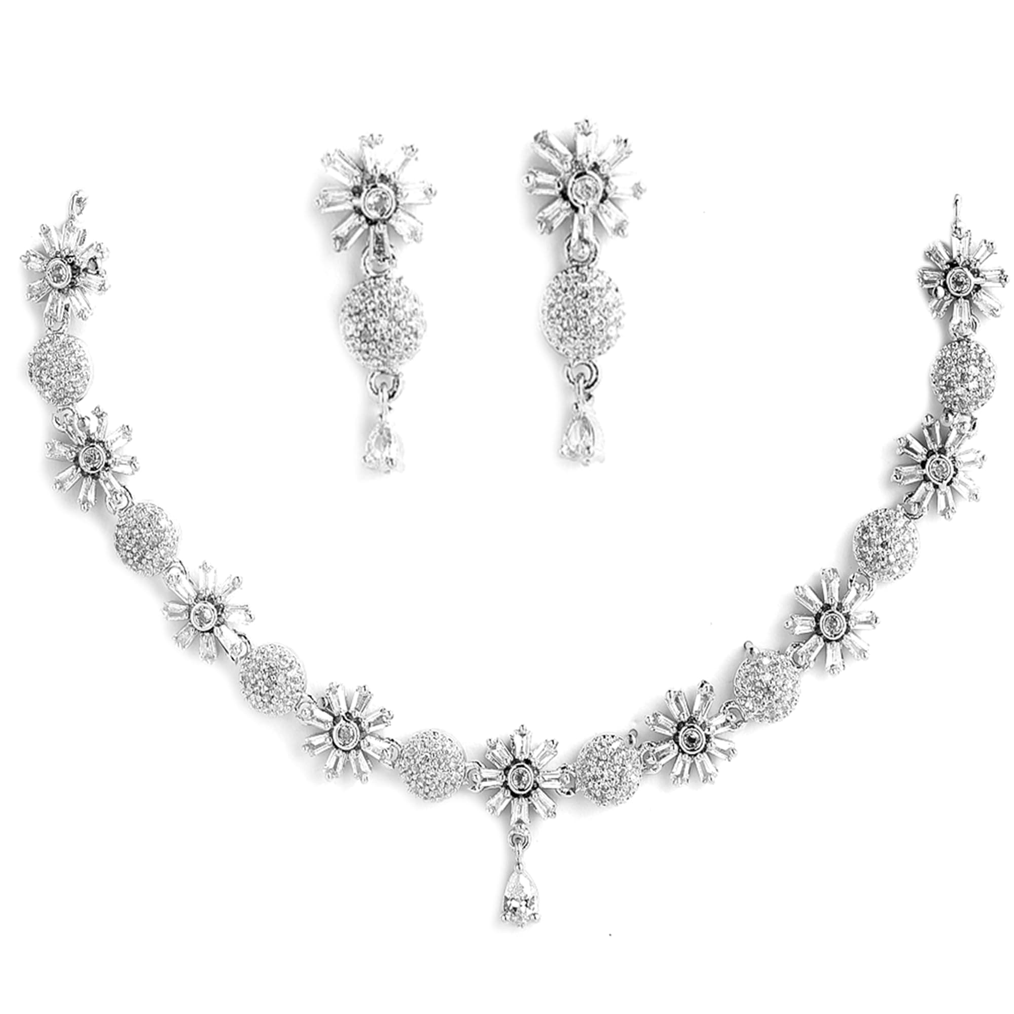 ZENEME Rhodium Plated Silver Toned White American Diamond Studded Necklace With Earring Jewellery Set For Women and Girl (White)