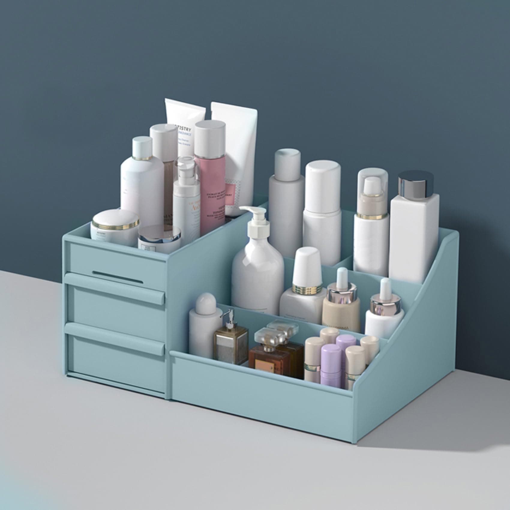 ALOXE Cosmetic Organizer Box Drawers Storage Plastic Stationary Box | Make Up Organiser for Women (Blue)
