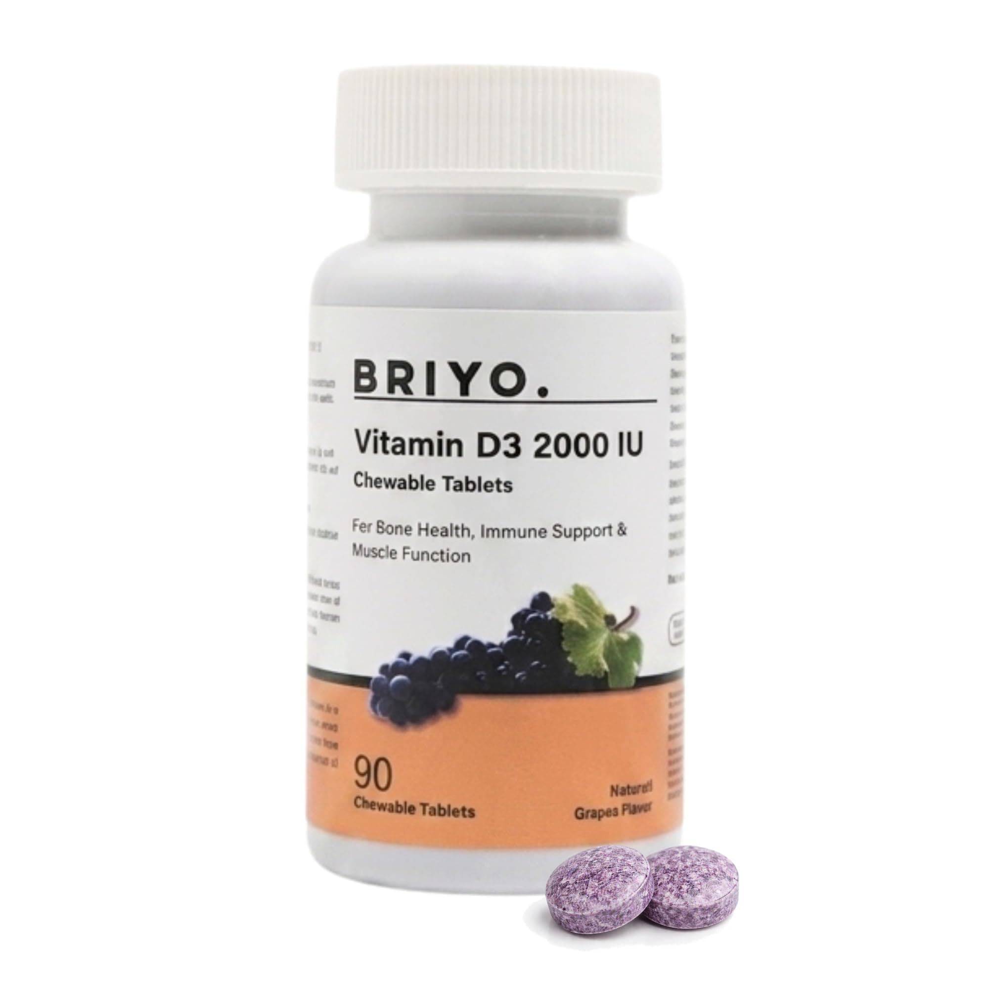 Briyo Vitamin D3 2000 IU D3 Tablets to Maintain & Raise Vitamin D3 Levels- Bone, Teeth, Muscle, Immune Health Support - Natural Grape Flavor - 90 chewable Tablets Pack