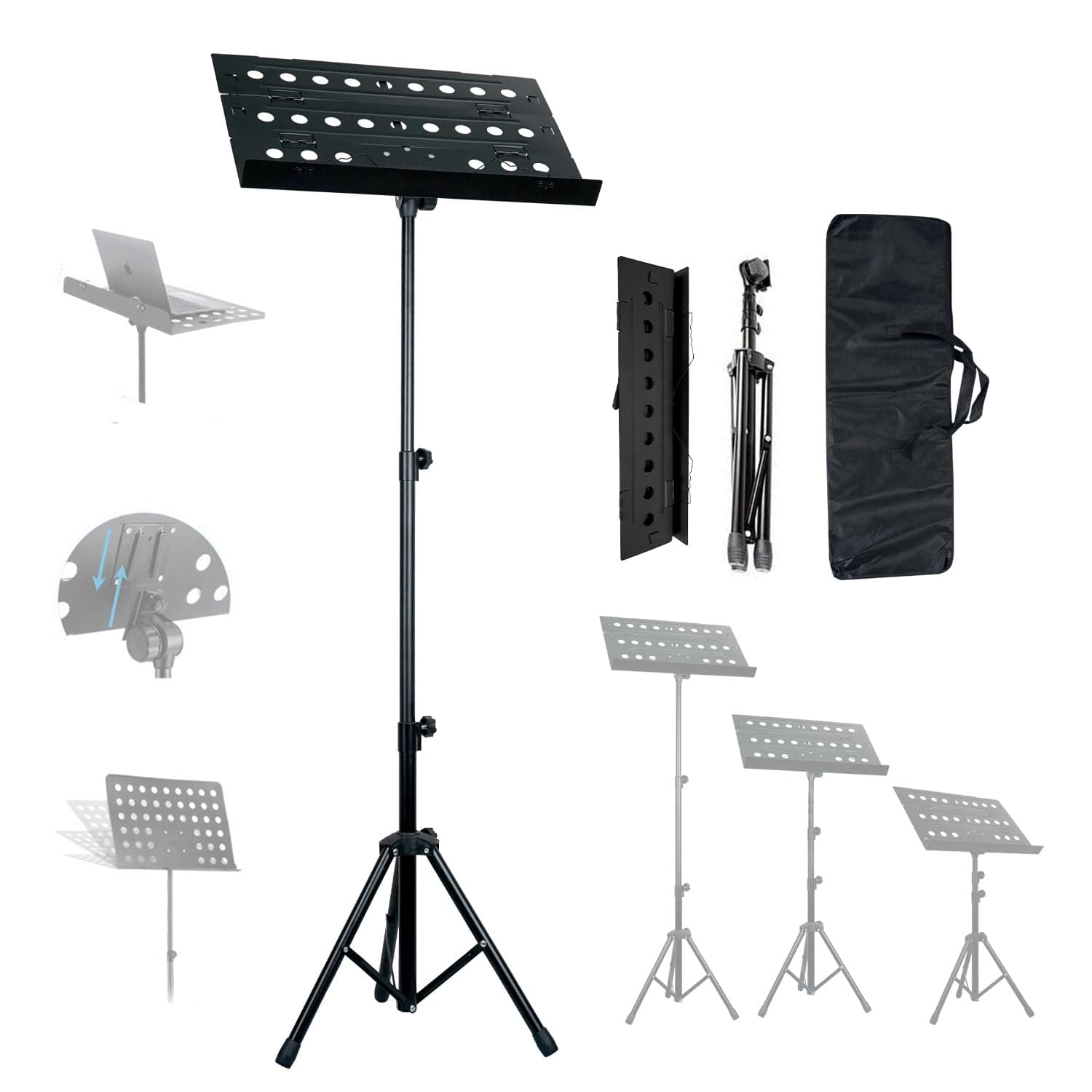 Kadence NK09F Jamming Series Foldable Music Stand | 3-Panel Metal Desk | Adjustable Height & Angle | Tripod Base | Includes Carry Bag | Suitable for Sheet Music & Tablets | Black
