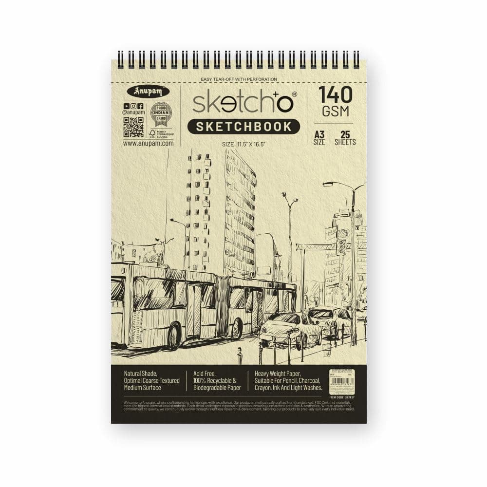 Anupam Sketch-O Sketchbook A3 | 25 Sheets 50 Pages | 140GSM | Durable Acid Free Drawing Paper | Professional-Grade Sheets | Top Spiral-Bound Sketchpad for Artists & Professionals