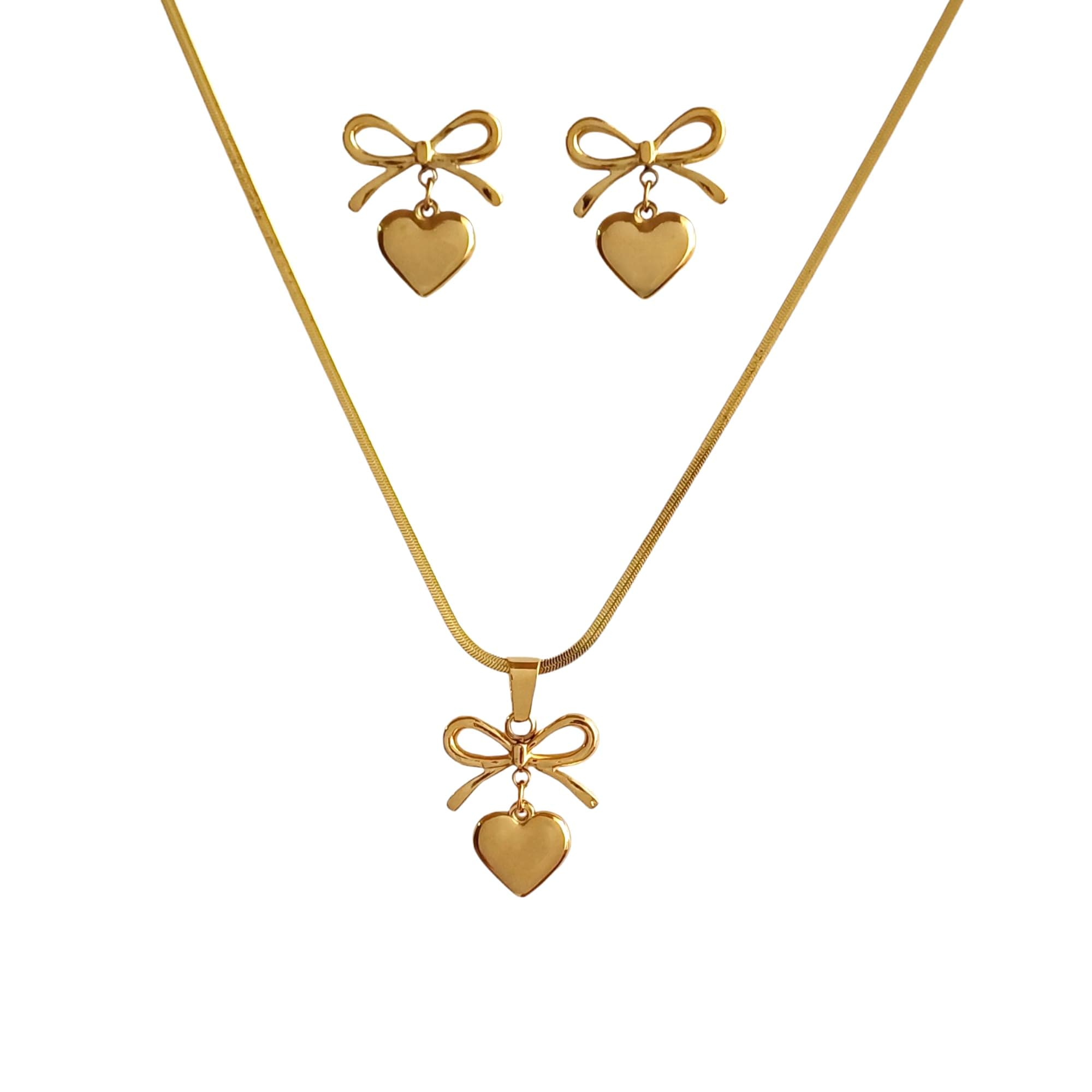 JEWILLEY Bow-Heart Linked Necklace for Women With Earrings | Anti-Tarnish Waterproof Jewelry | Birthday, Anniversary & Wedding Gift for Wife, Mother, Sister