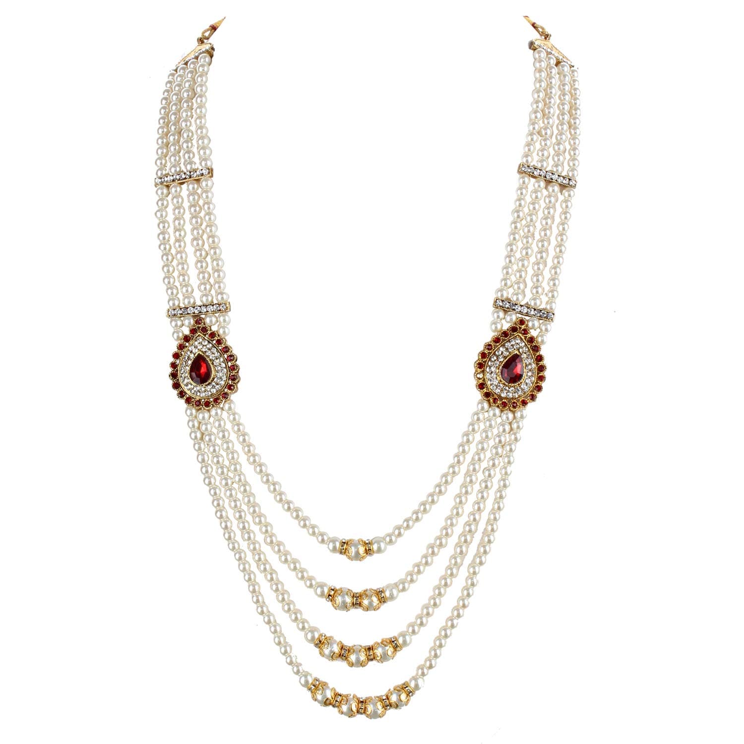 Lucky Jewellery Designer Wedding Multi Strand Maroon and White Color Dulha Har Layered Pearl Maharaja Haar Groom Necklace Set for Men (647-M6DM-1010-MW)